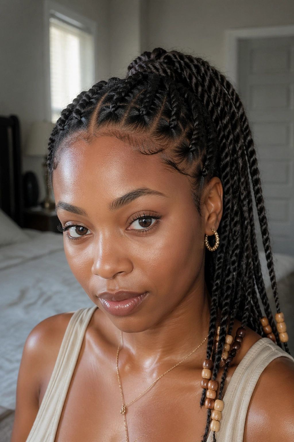 Close-up of a real woman with beaded twist braided ponytail center part under natural window light