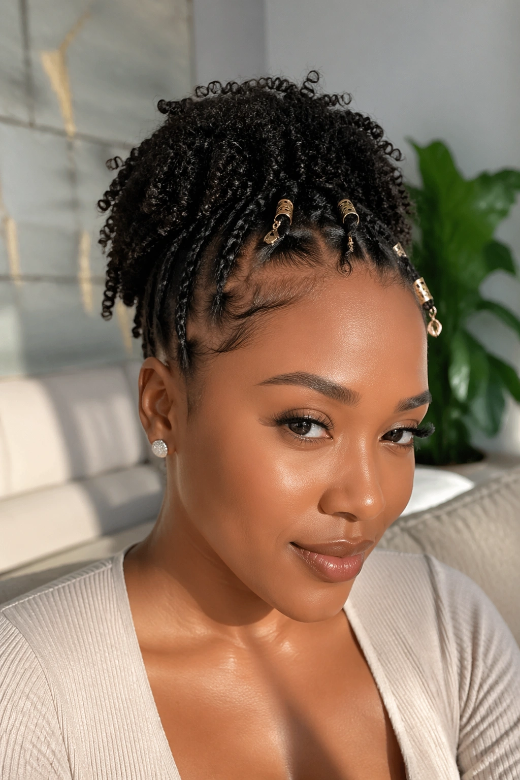 Close-up portrait of a real Black woman with a beaded ponytail hairstyle