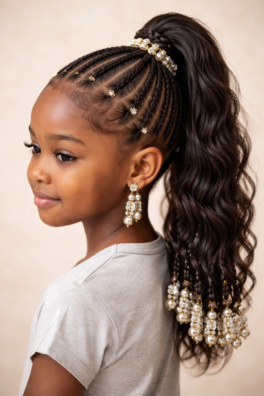 High weave ponytail with beads at braid ends and along hairline edges