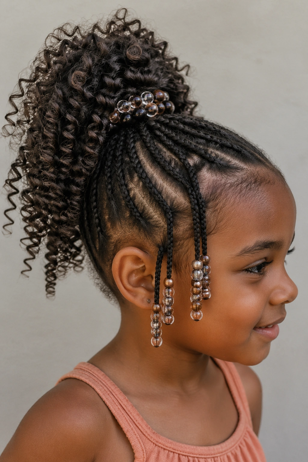 Close-up of a real child with beaded accents on a ponytail in curly hair