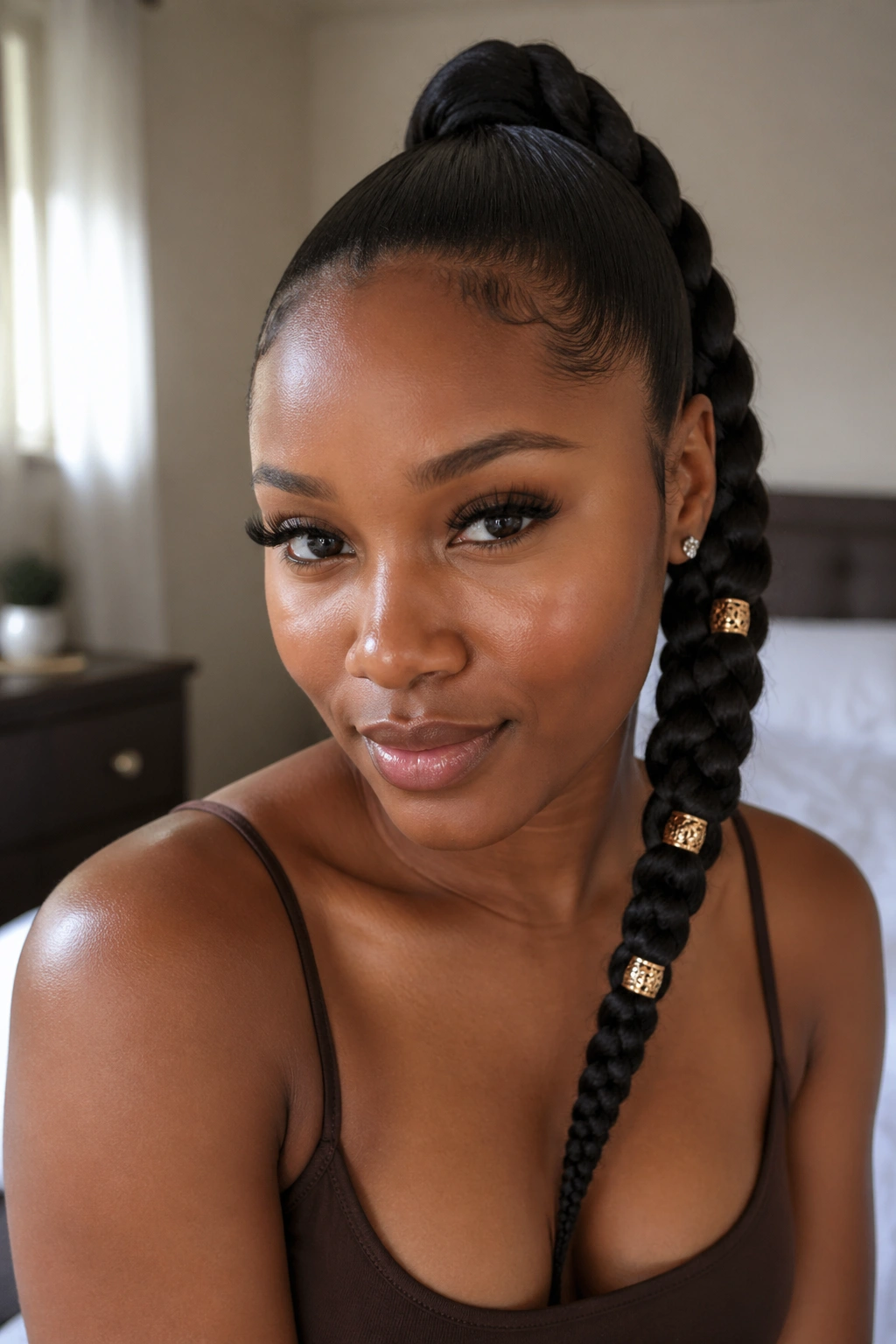 Close-up of a real woman with a beaded braided ponytail featuring beads along the lower half
