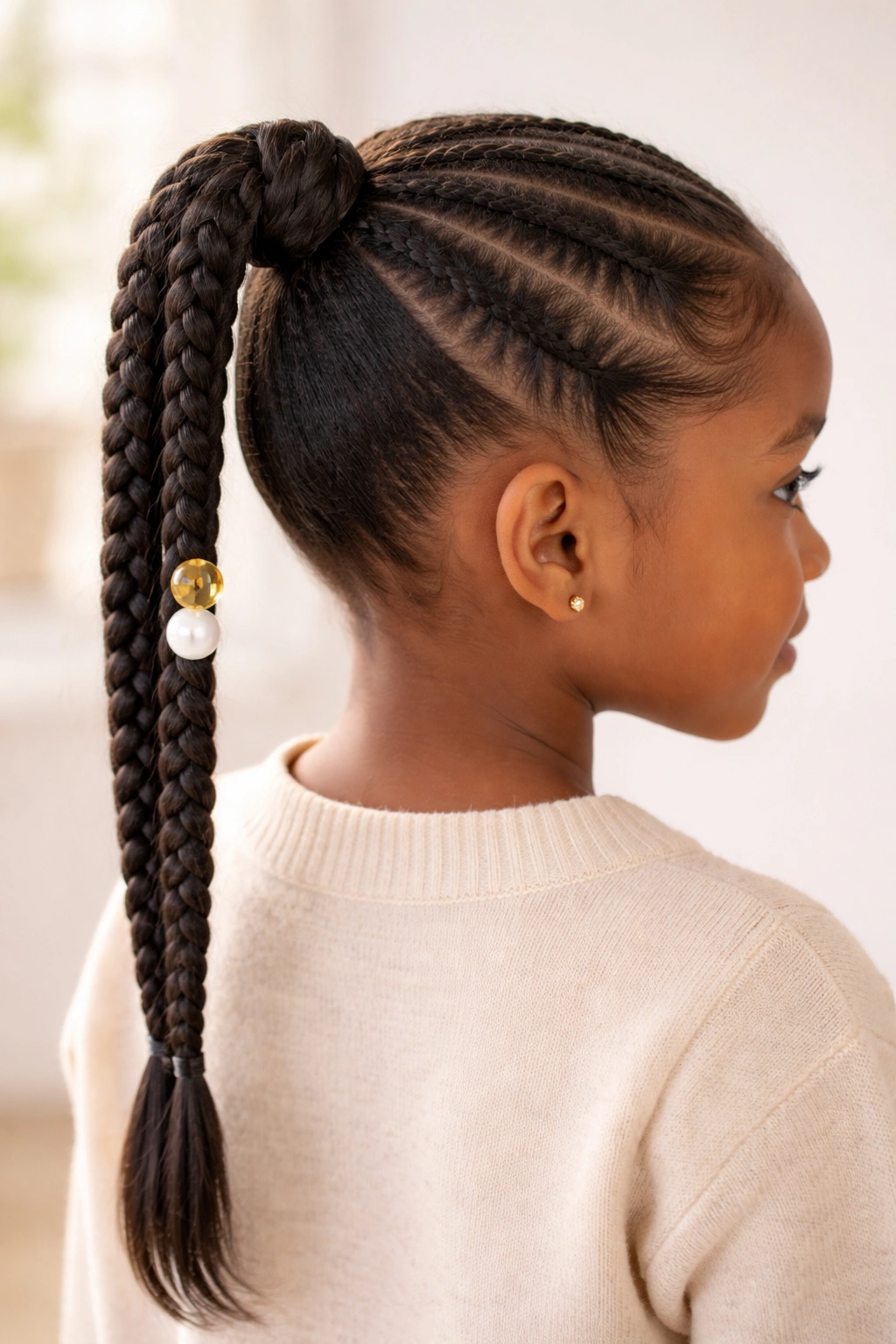 Close-up of birthday-ready feed-in ponytail with bead accents