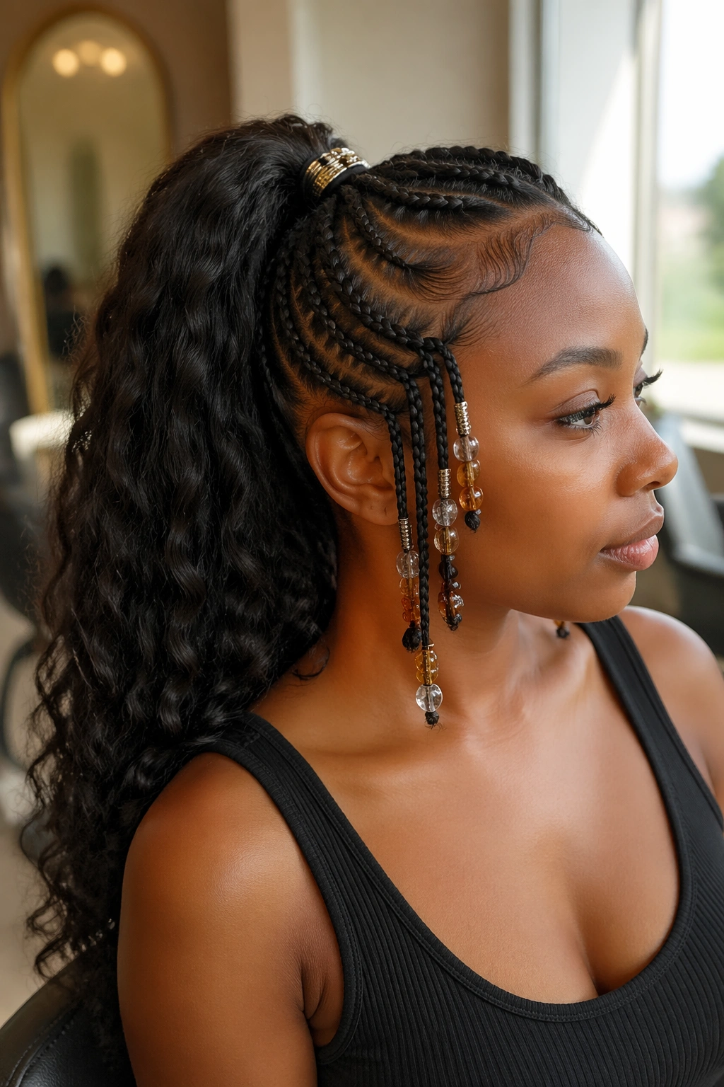 Close-up of a real woman with a ponytail featuring beaded accent braids at temple and base.