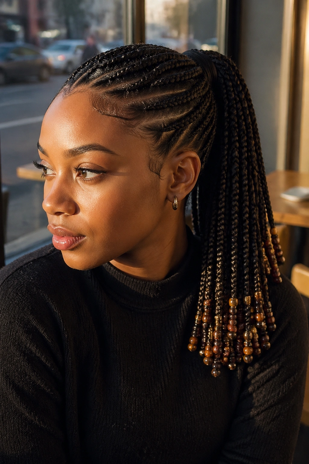 Close-up of a real woman's beaded mid braided ponytail with beaded ends