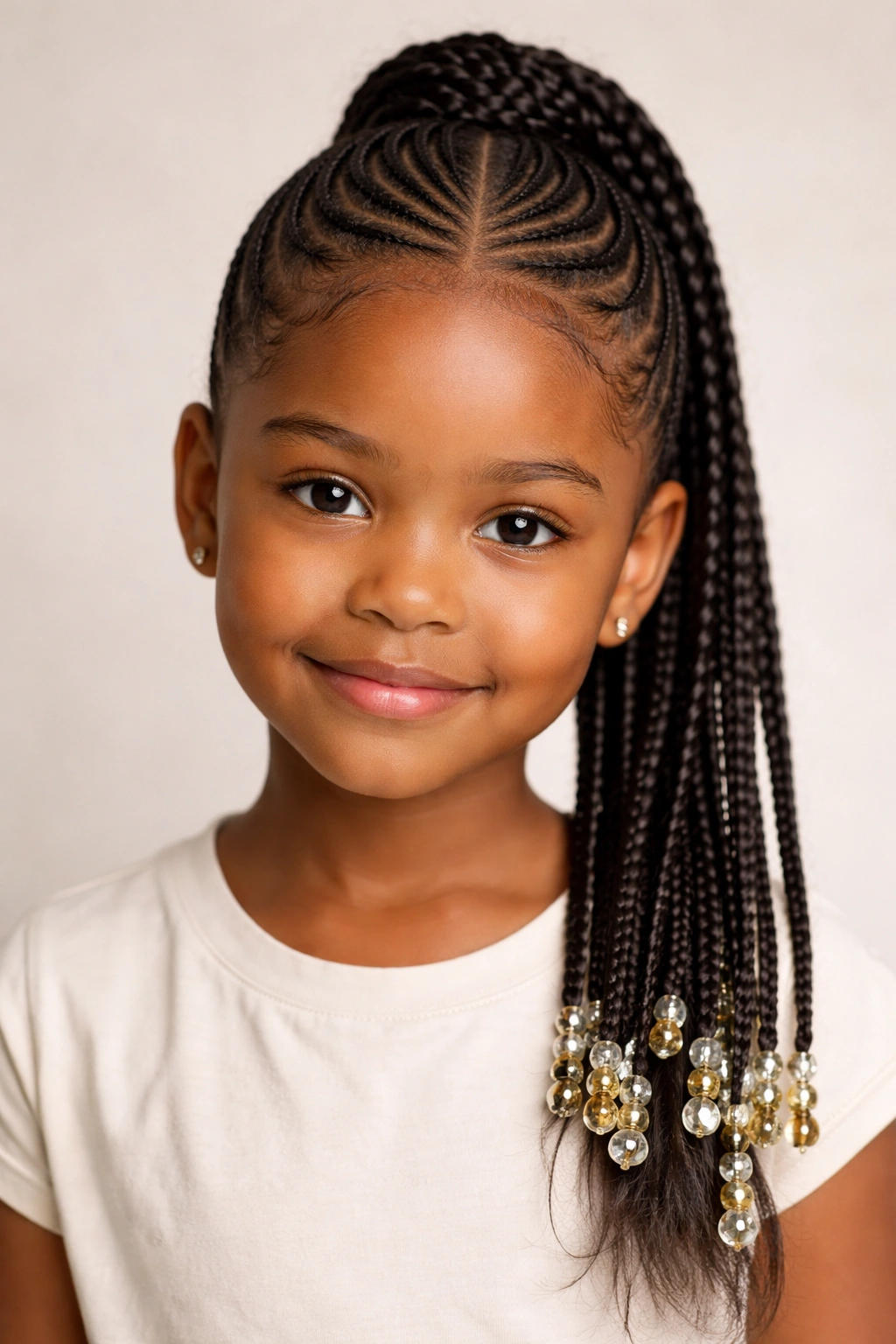 Center-part feed-in ponytail with subtle beads along the braid