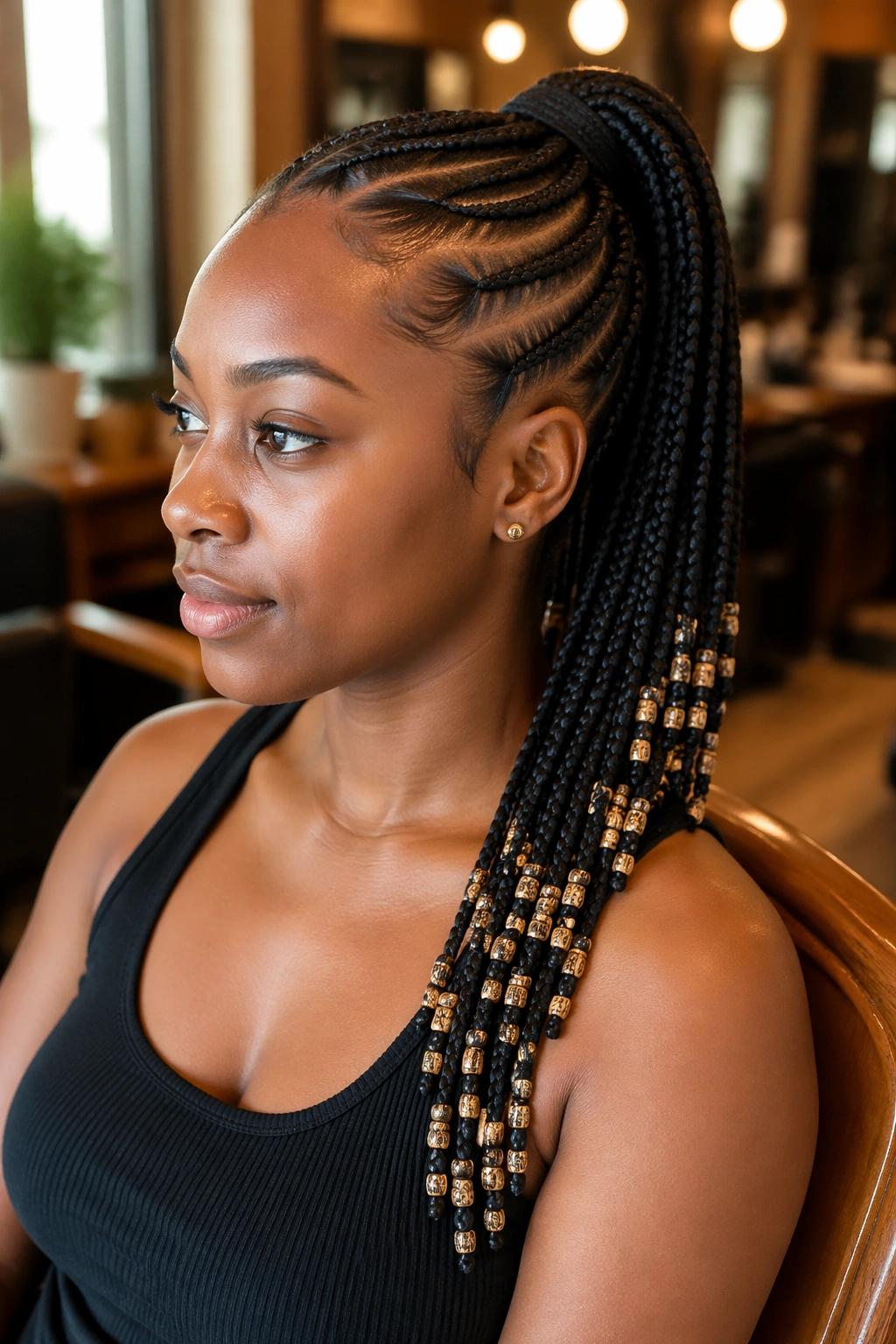 Close-up of a real woman with a tidy Beaded Feed-In Ponytail and beads along the lower half.