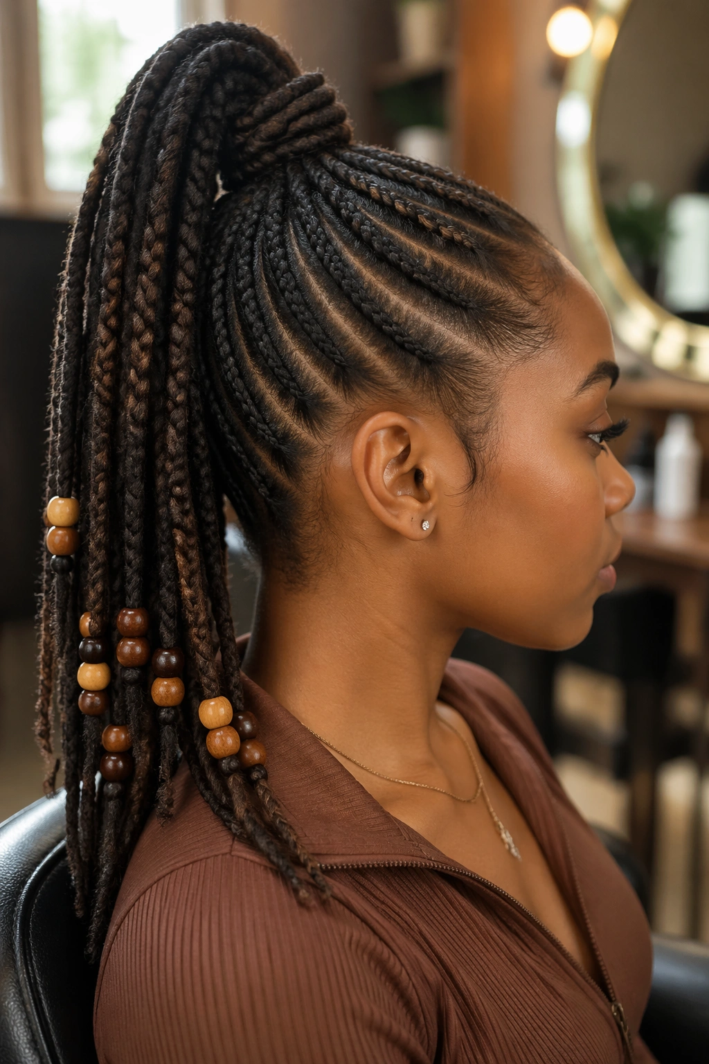 Close-up of a real person with a beaded ponytail formed from braids or twists, beads along the ends, in a salon setting