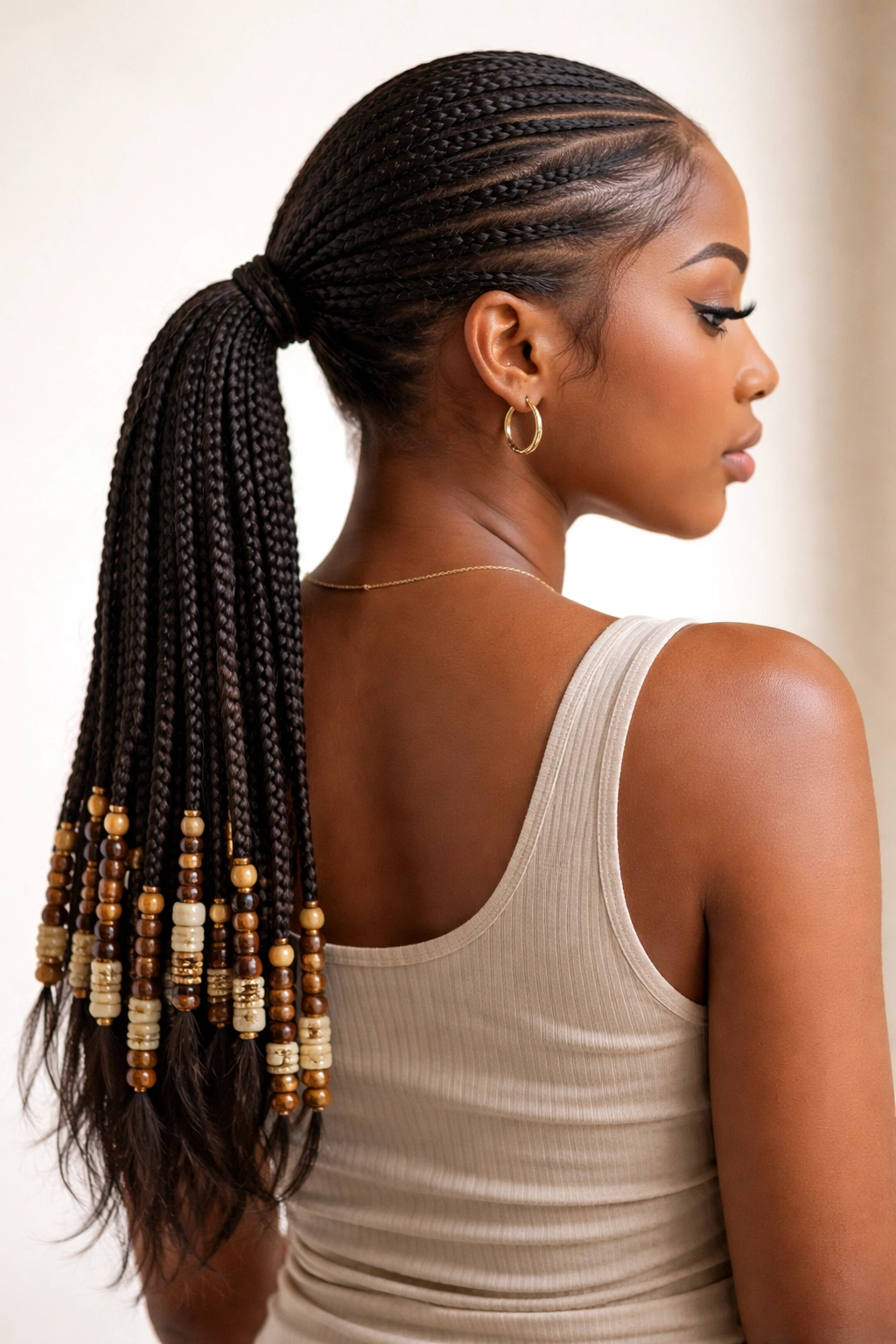 Beaded low knotless braid ponytail with beads along the tail