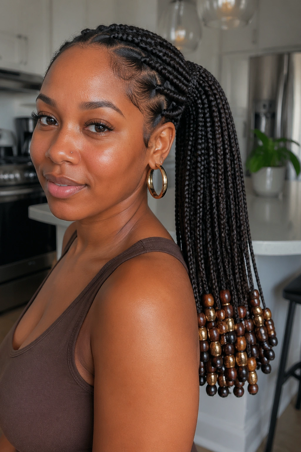 Real woman with a beaded ponytail knotless braids updo in a bright home setting