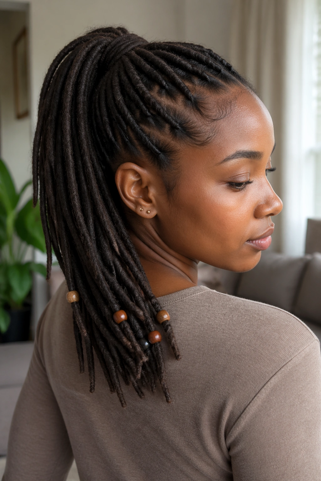 Beaded ponytail with beads placed on the lower third of locs