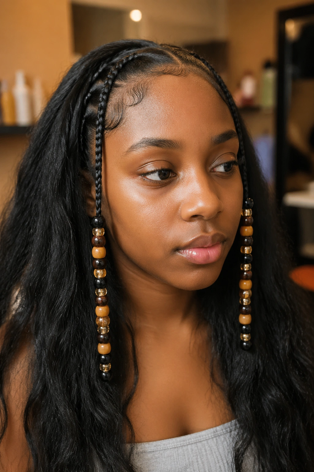 Portrait of a real person with two heavily beaded side braids down each temple, loose hair surrounding.