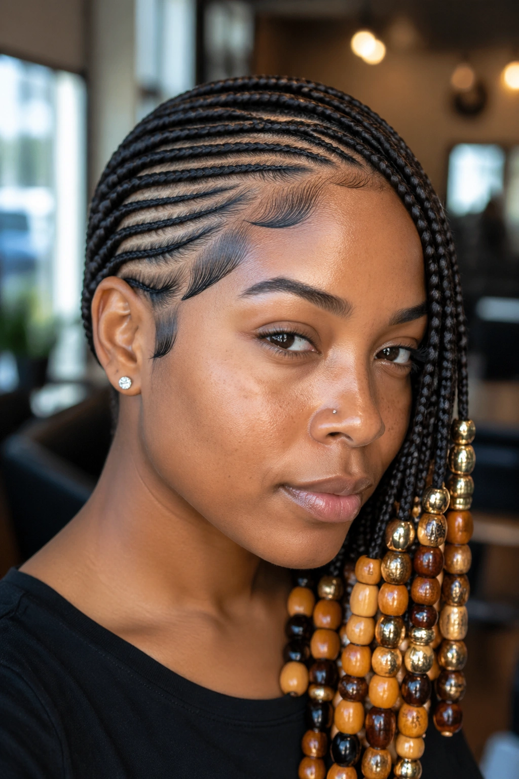 Close-up of beaded side-sweep cornrows on a real woman, two front braids sweep to the side with heavy beads.