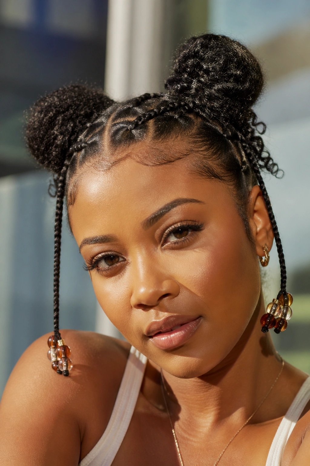Close-up of beaded space buns on a real person