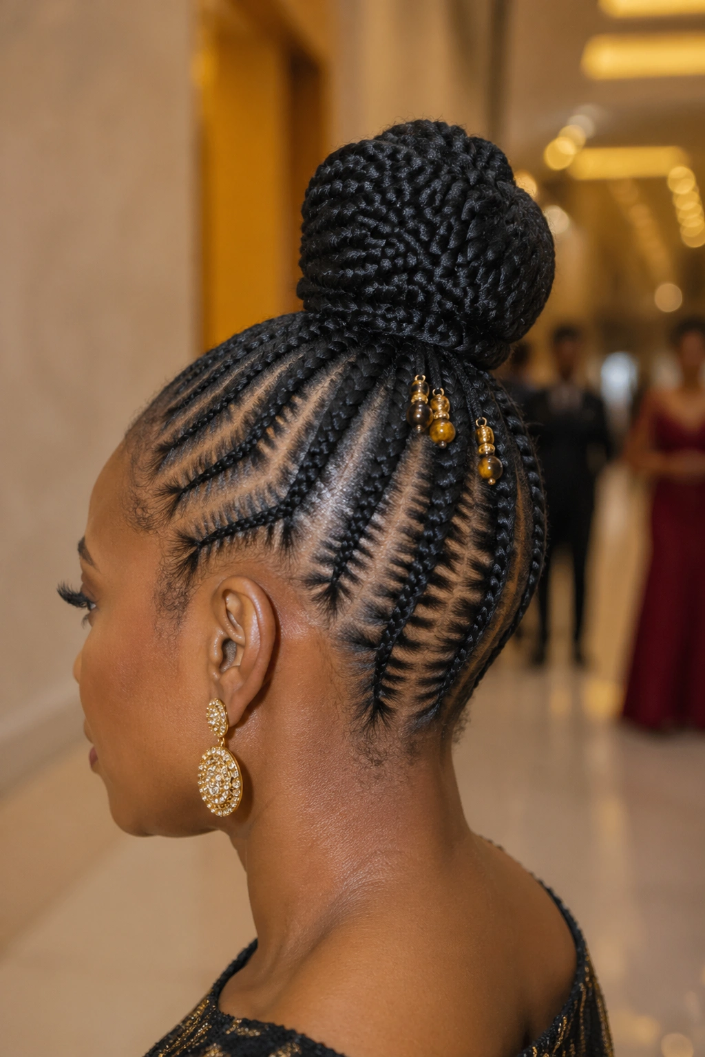 Beaded cluster at bun base on stitch cornrows