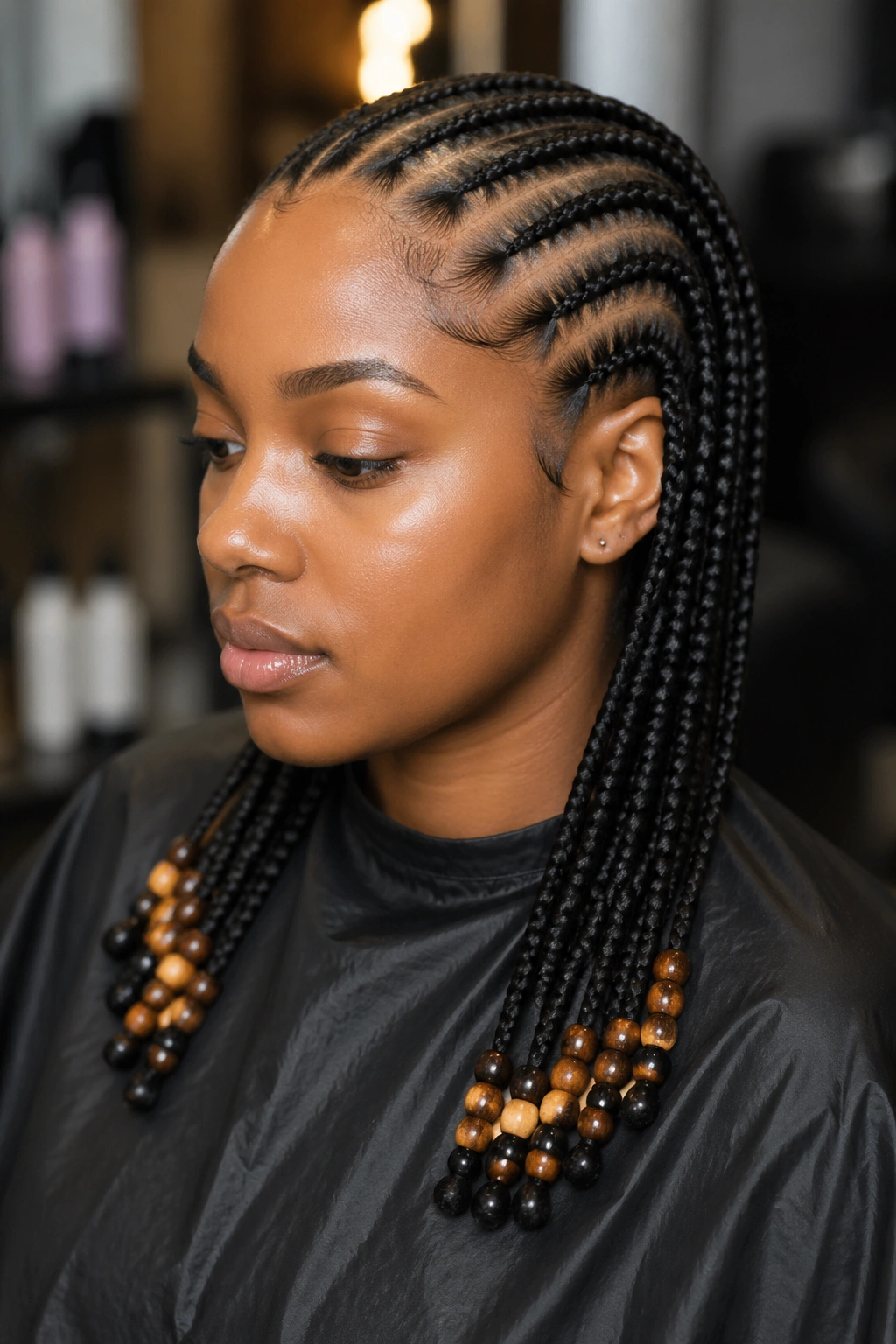 Close-up of a real woman with straight back braids ending in beads in a salon setting