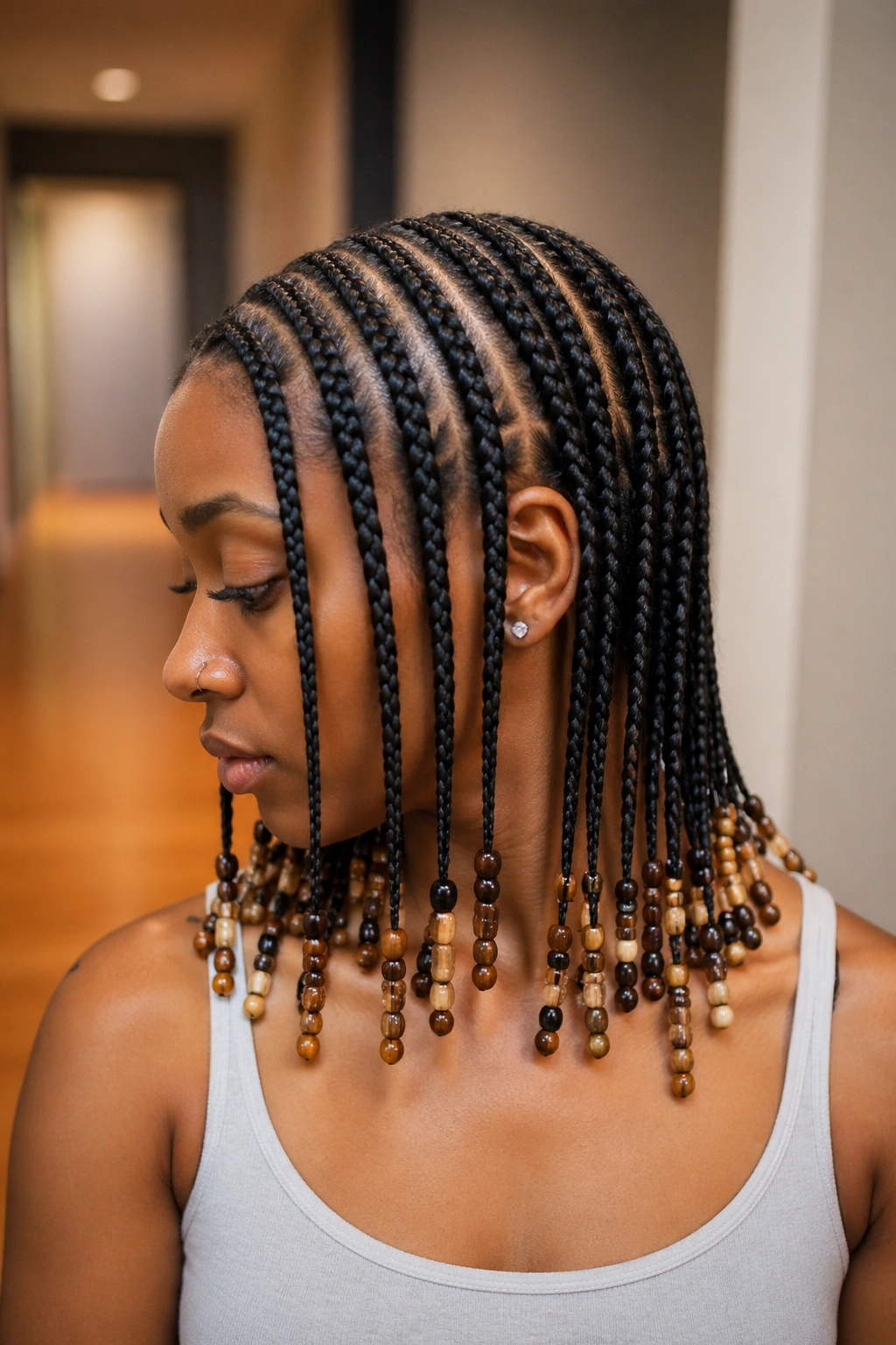 Close-up of a real person with twenty cornrows each ending in beads of different sizes