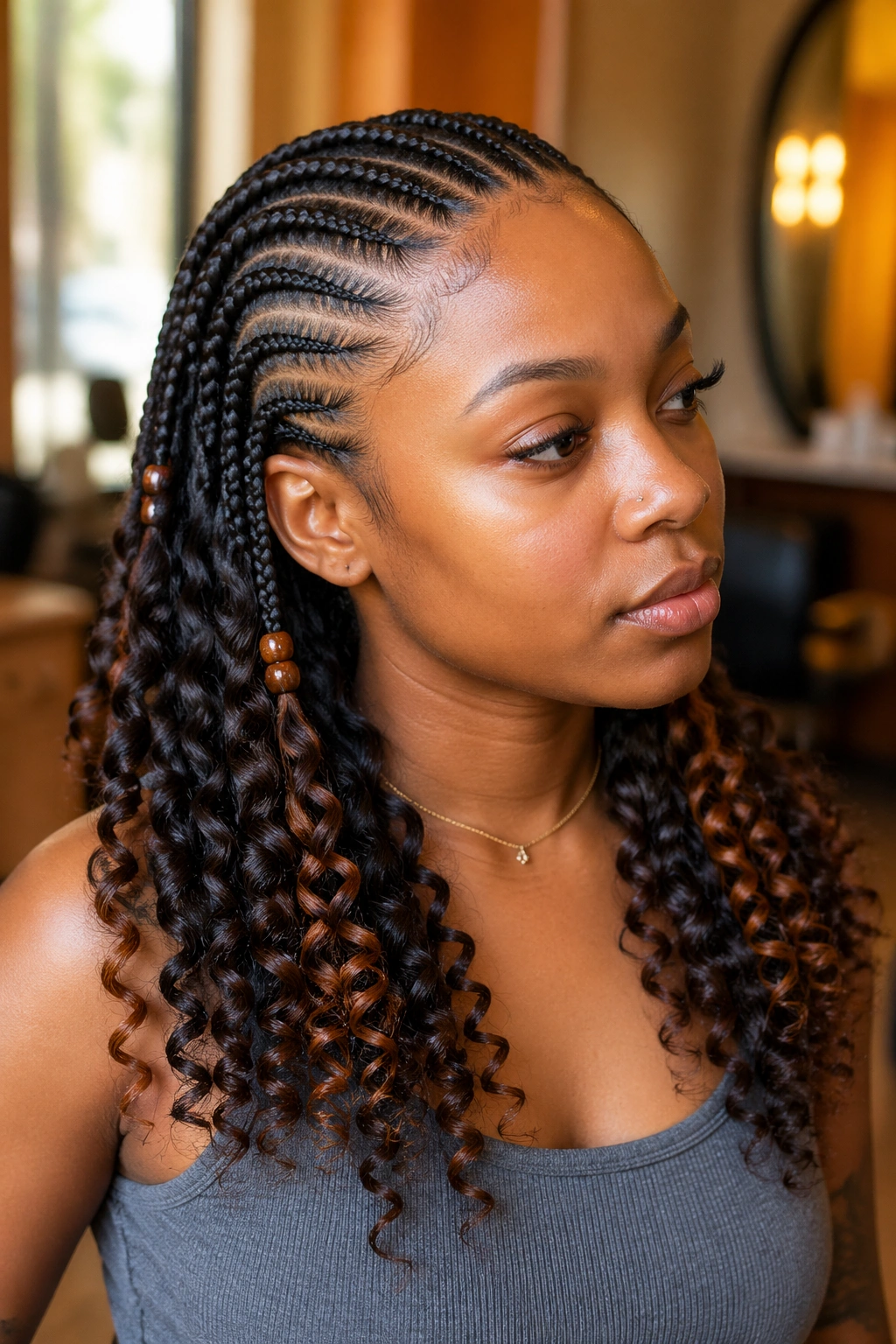 Close-up of a real woman with feed-in cornrows ending in a decorative bead at the transition