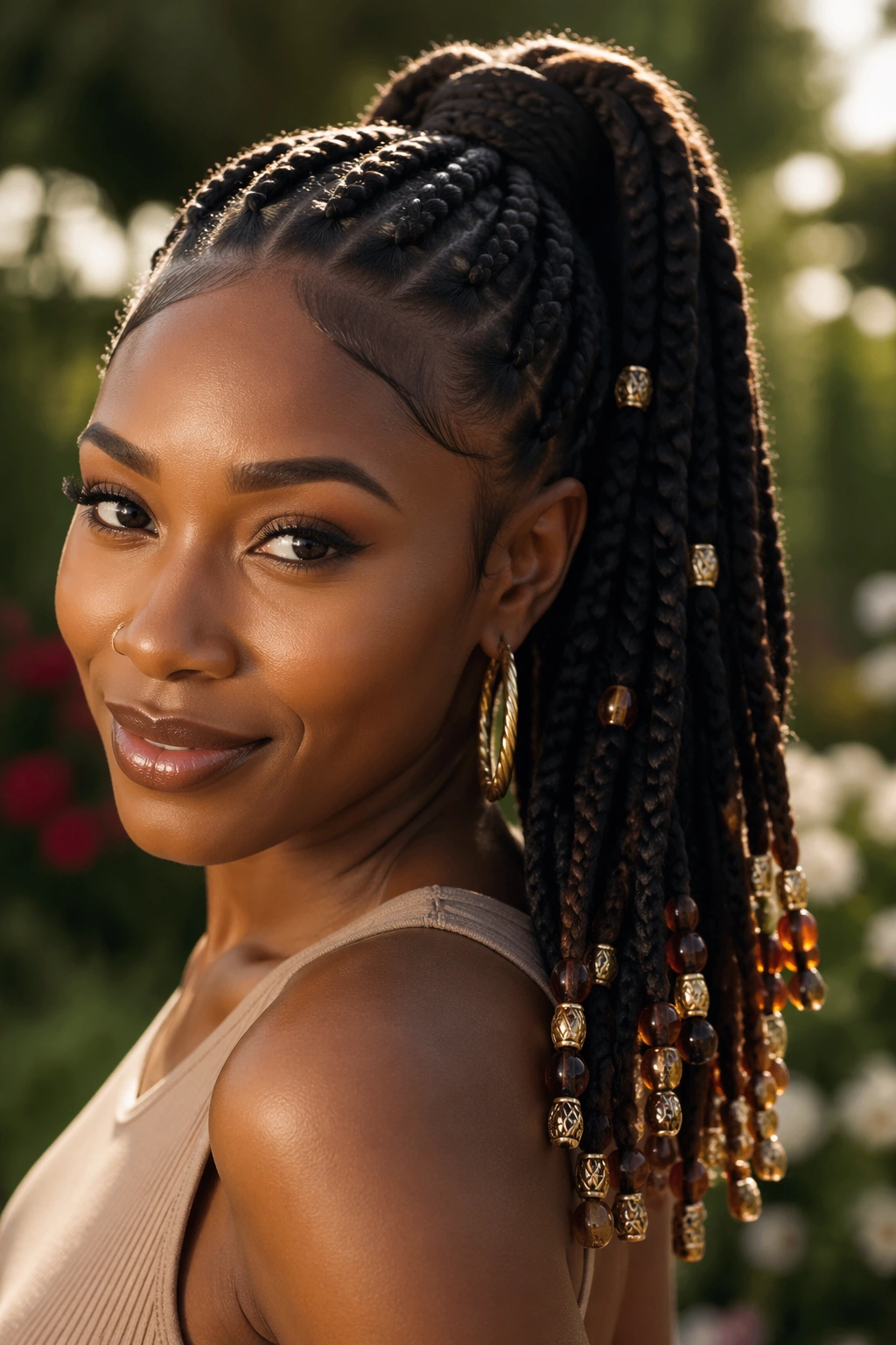 Beaded twist ponytail with beads at ends on real woman