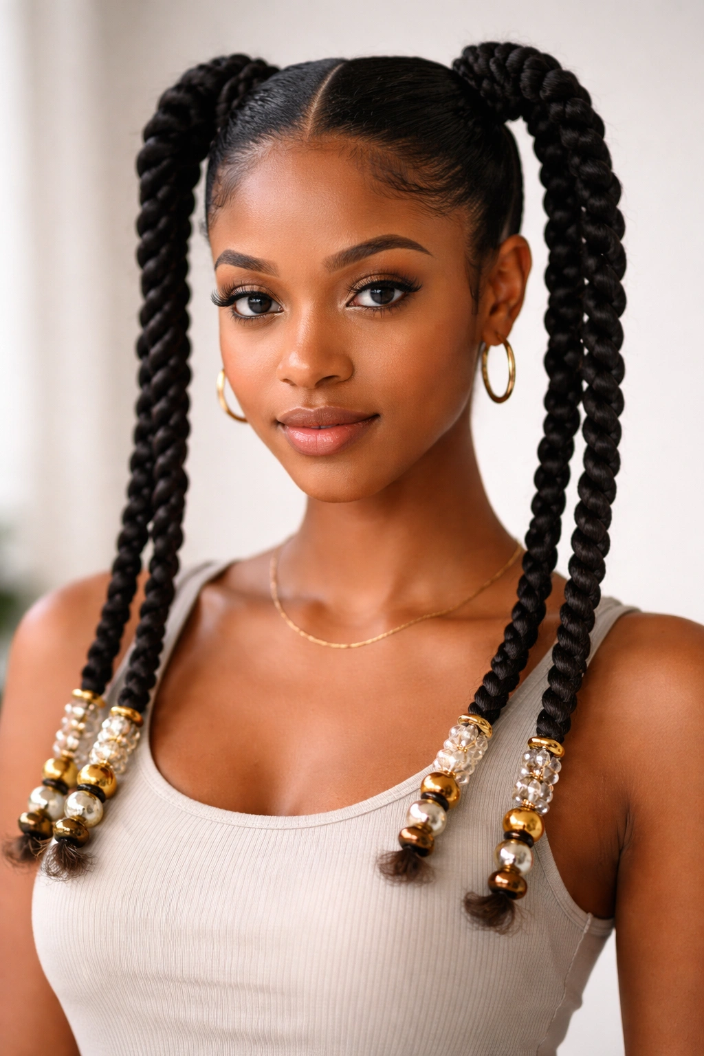 Beaded ends on twist double ponytails with small beads at the tips