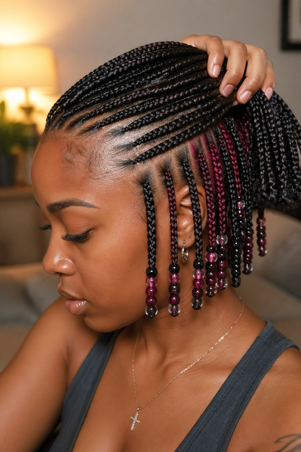 Real person with beaded underlayer peekaboo cornrows