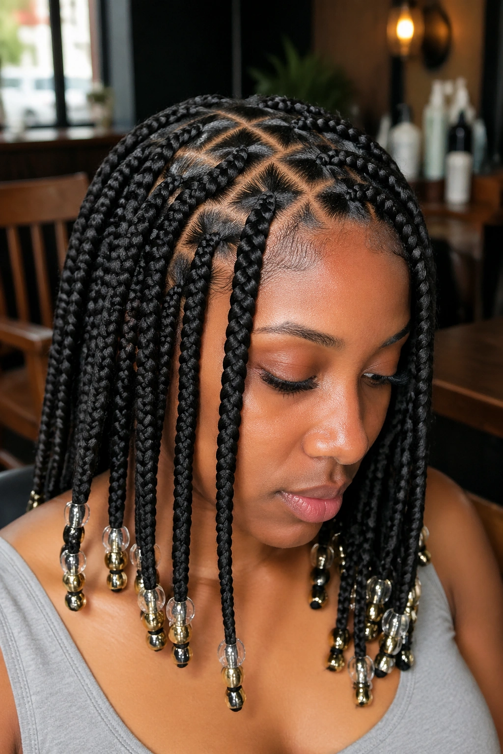 Close-up of beaded zigzag box braids on a real person, beads at the ends accenting the front rows