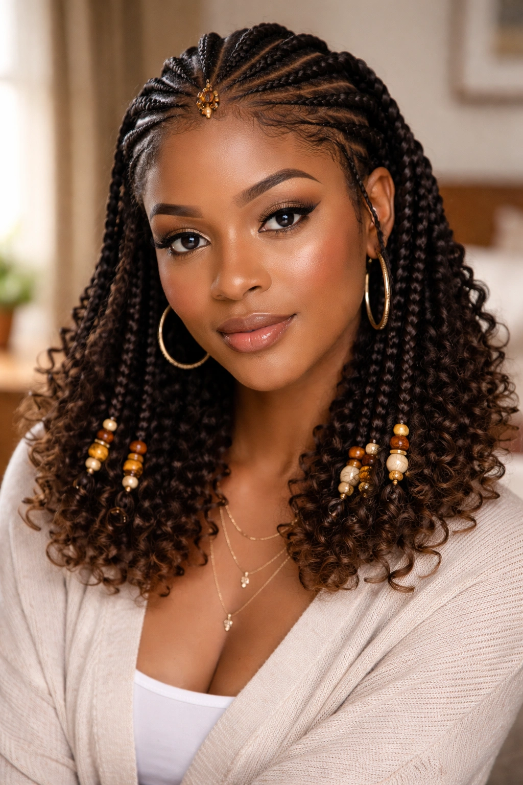 Close-up of a real woman's Fulani braids ending with beads transitioning to curls