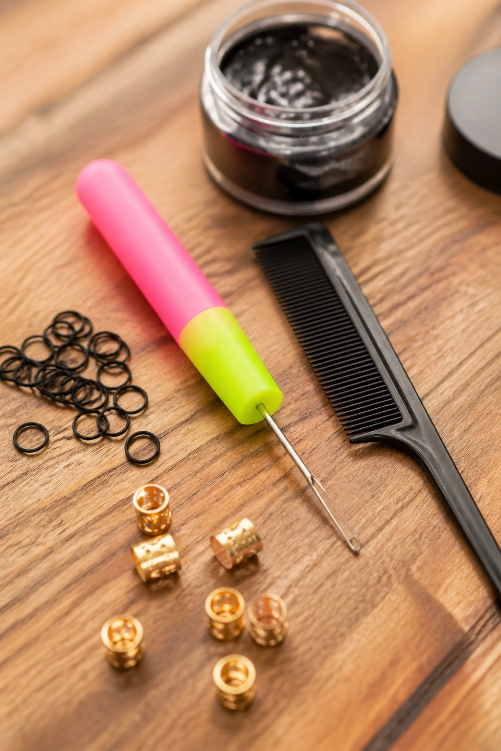 Close-up of beading tool with comb and elastic loops on wood