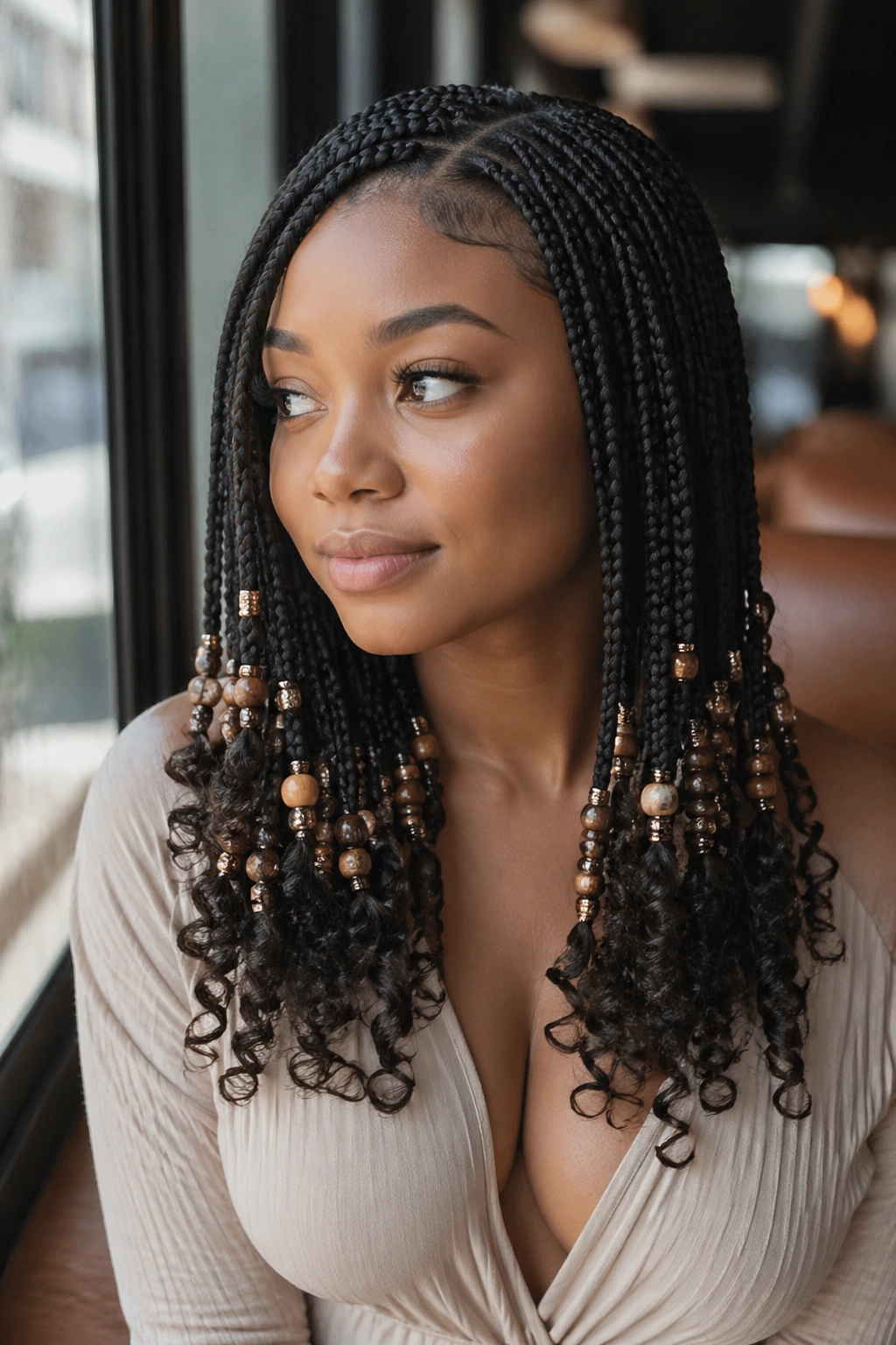 Real woman with box braids featuring beads near the base and curly ends.