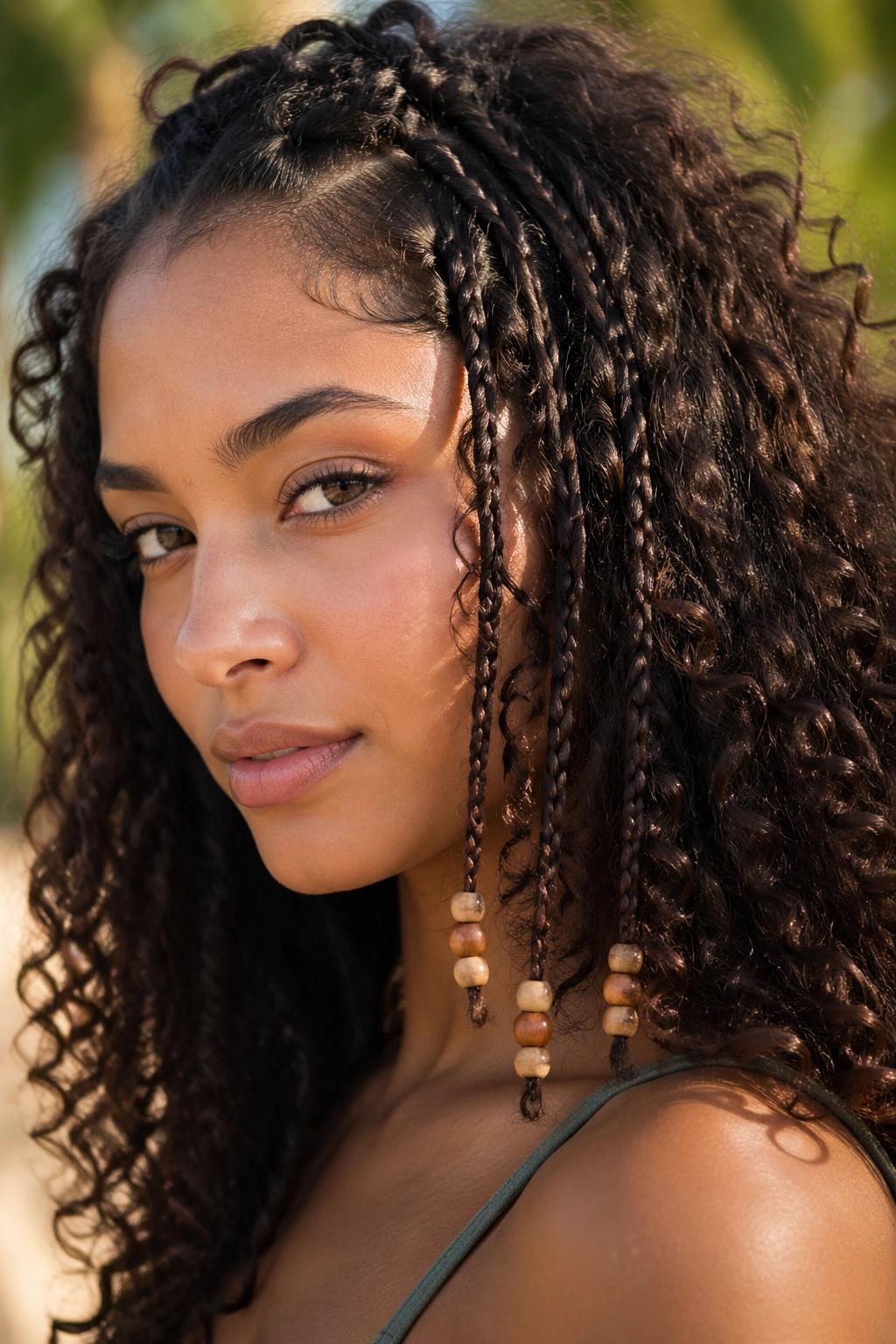 Portrait of a person with beaded braids among free curls in natural light.