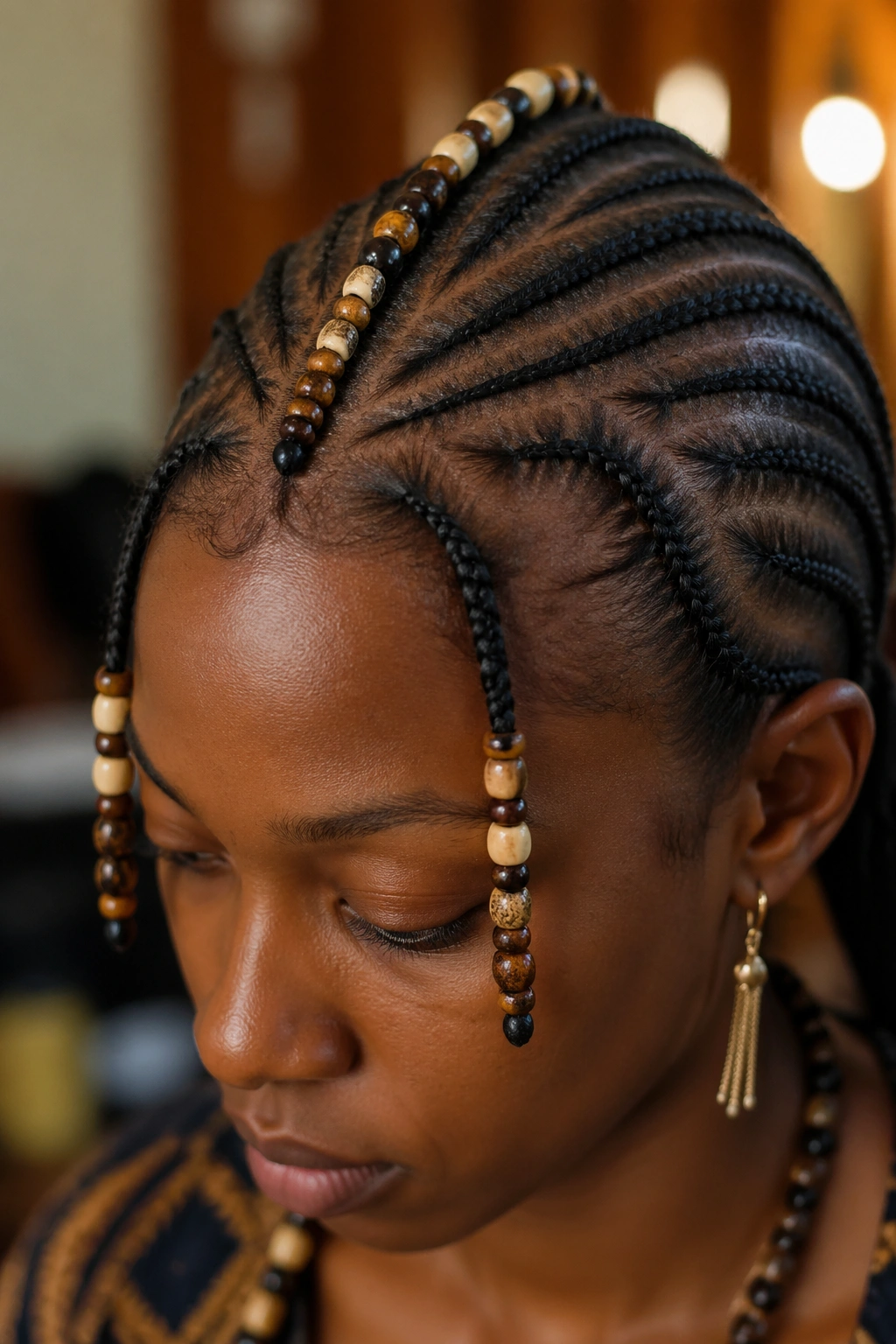Close-up of beads on Fulani cornrows on a real person