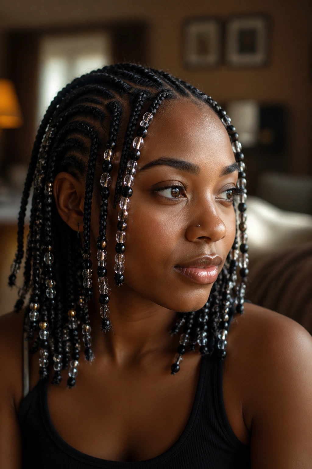 Portrait of a person with beaded cornrows showing beads along length and ends