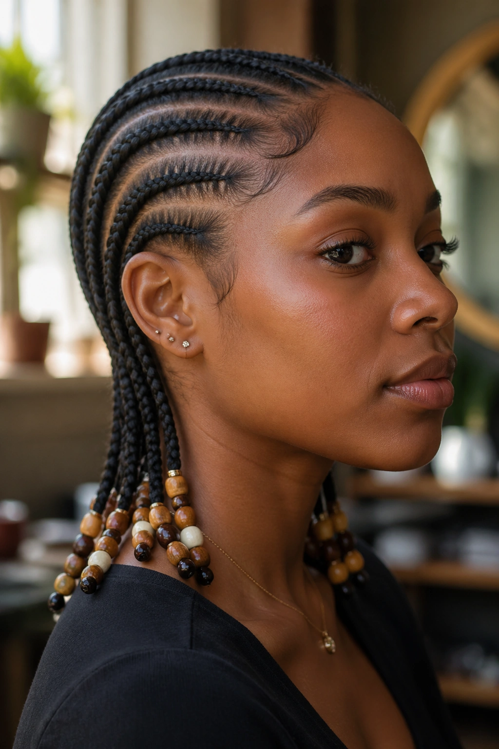 Close-up of bead-adorned cornrows on a real person with warm lighting.