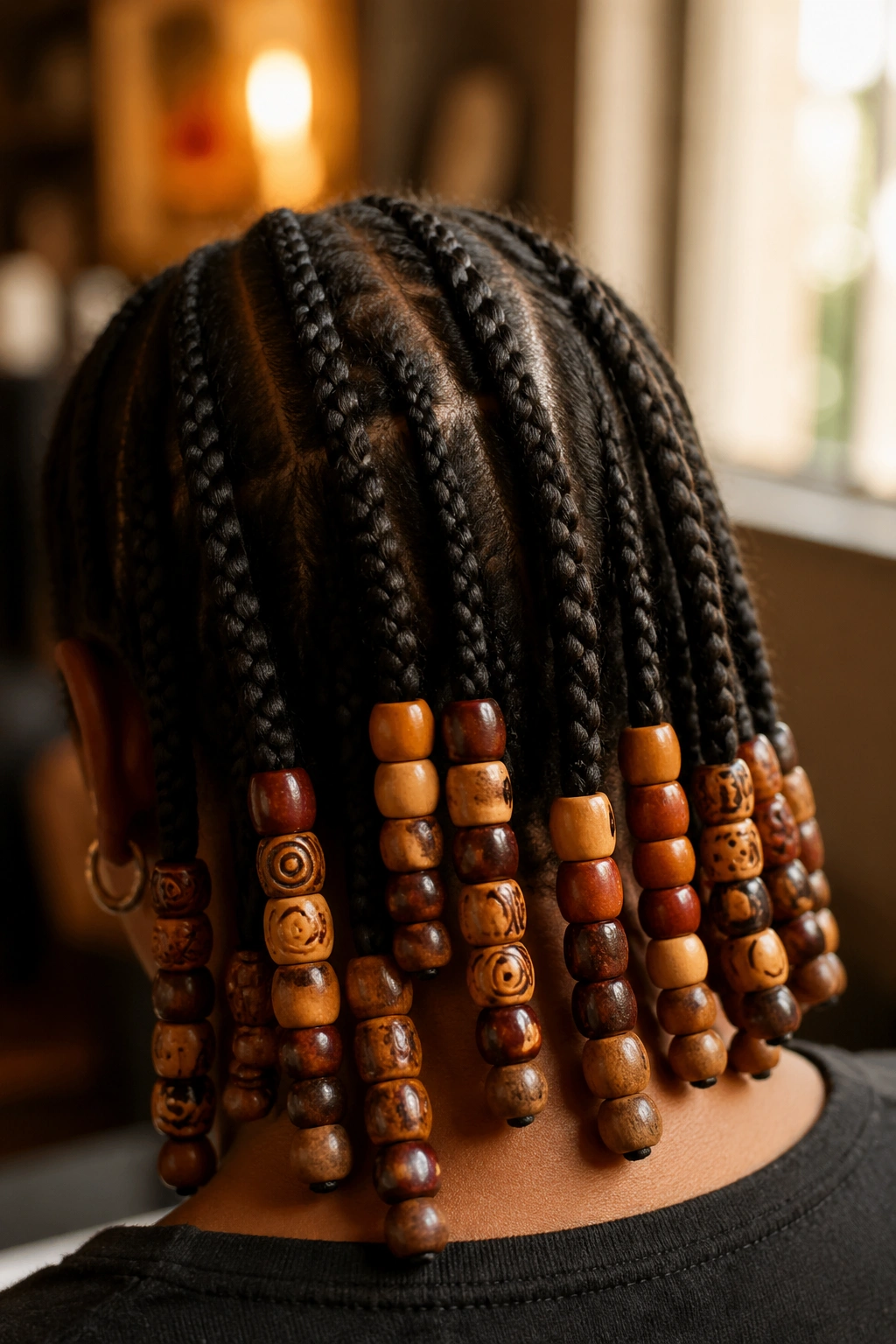 Close-up of beads on cornrows at the back of a real person's head