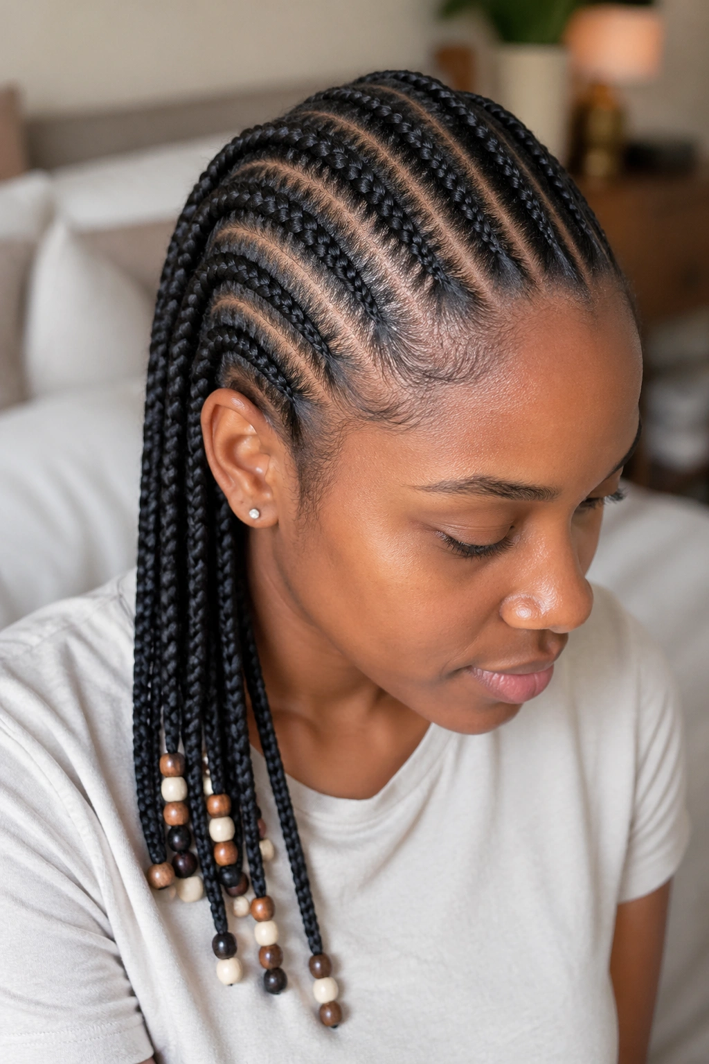 Close-up of cornrows with beads on alternating braids