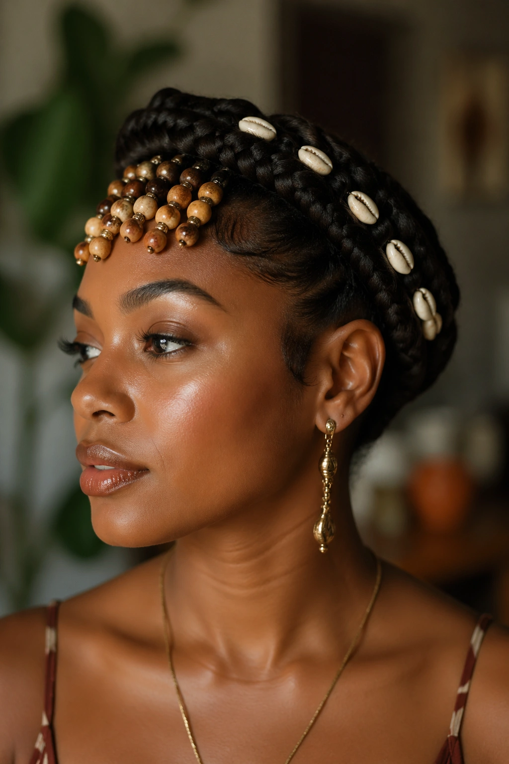 Close-up of a real woman with a crown braid adorned with beads and cowrie shells.