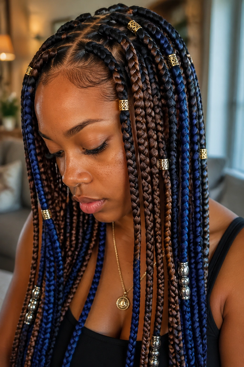 Real person with brown-and-blue braids adorned with beads and cuffs