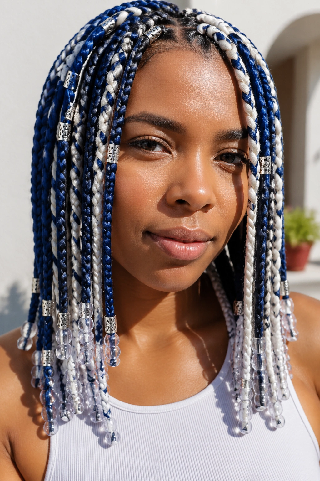 Real person wearing blue and white braids with beads and cuffs