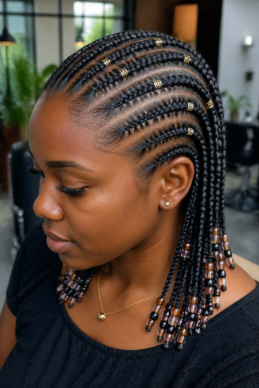 Beads and cuffs on cornrows hairstyle on real person.