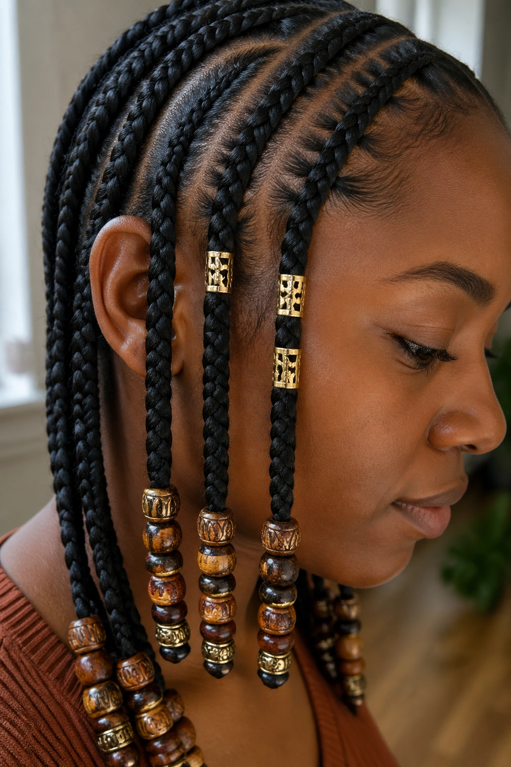 Close-up of beaded braids with metal cuffs on a real person