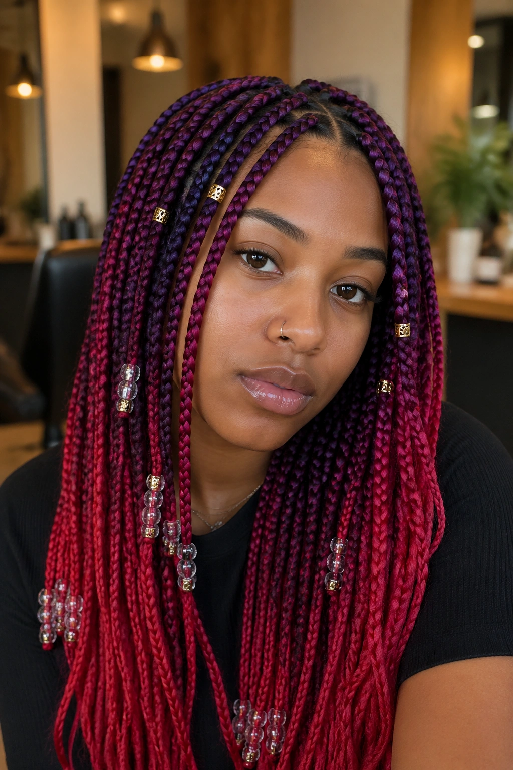 Close-up of a real person with purple and red box braids with clear beads and gold cuffs