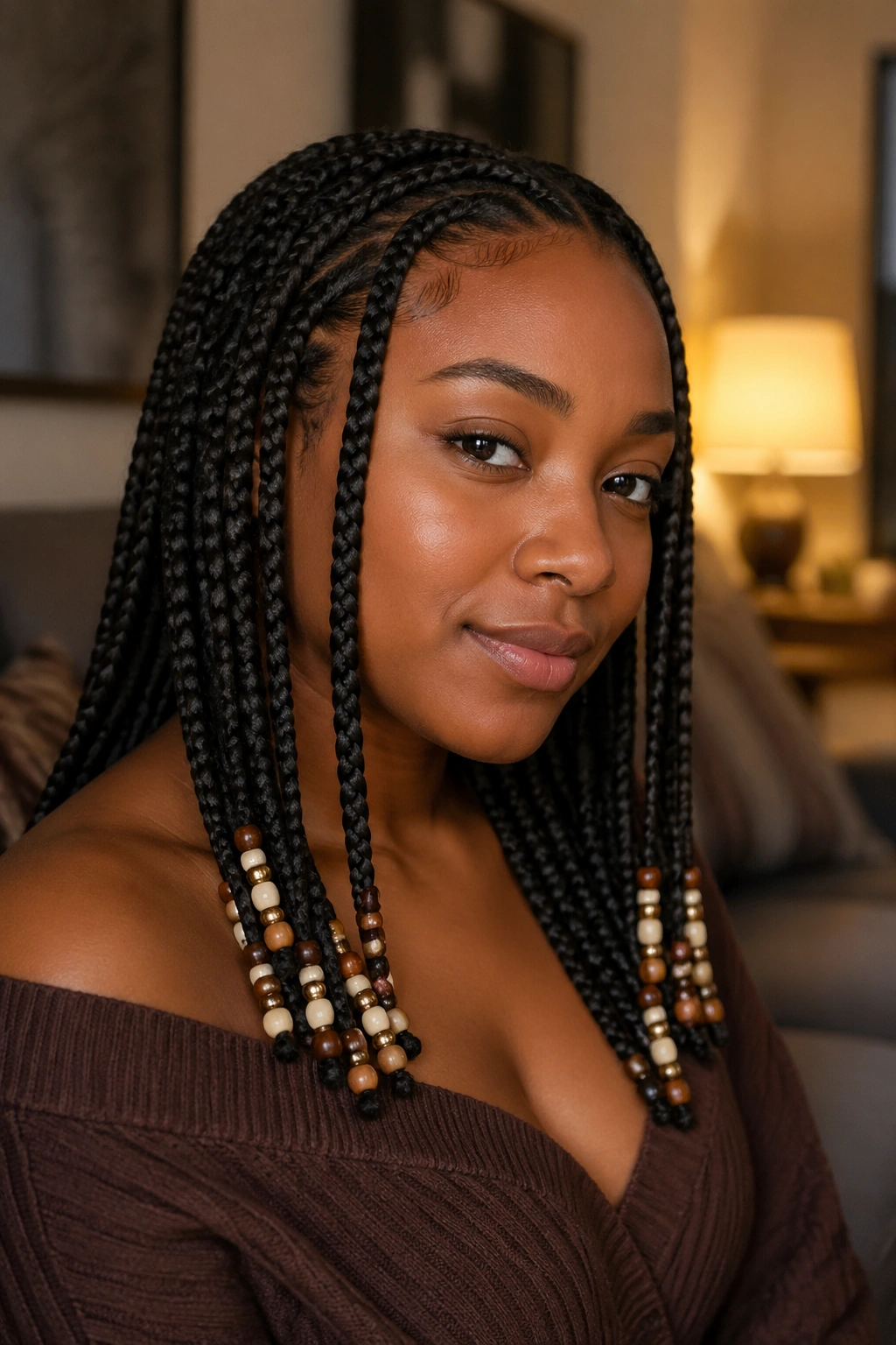 Close-up of a real person with bead clusters near the ends of box braids.