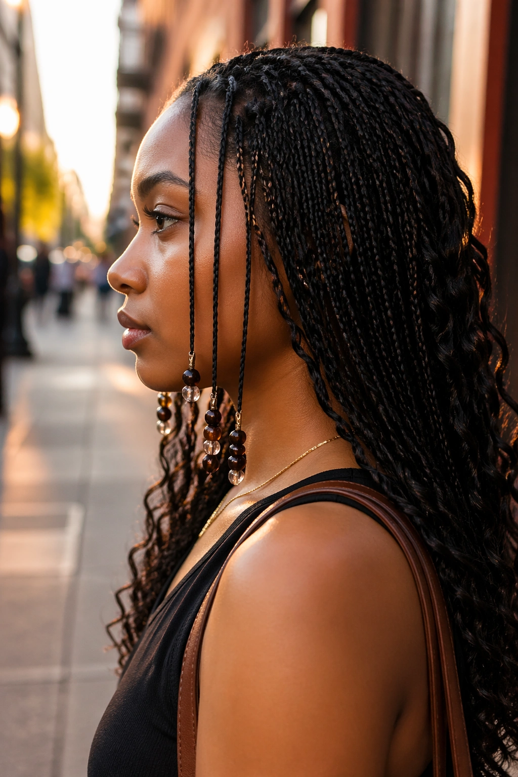 Side profile of micro braids with beads at the ends.