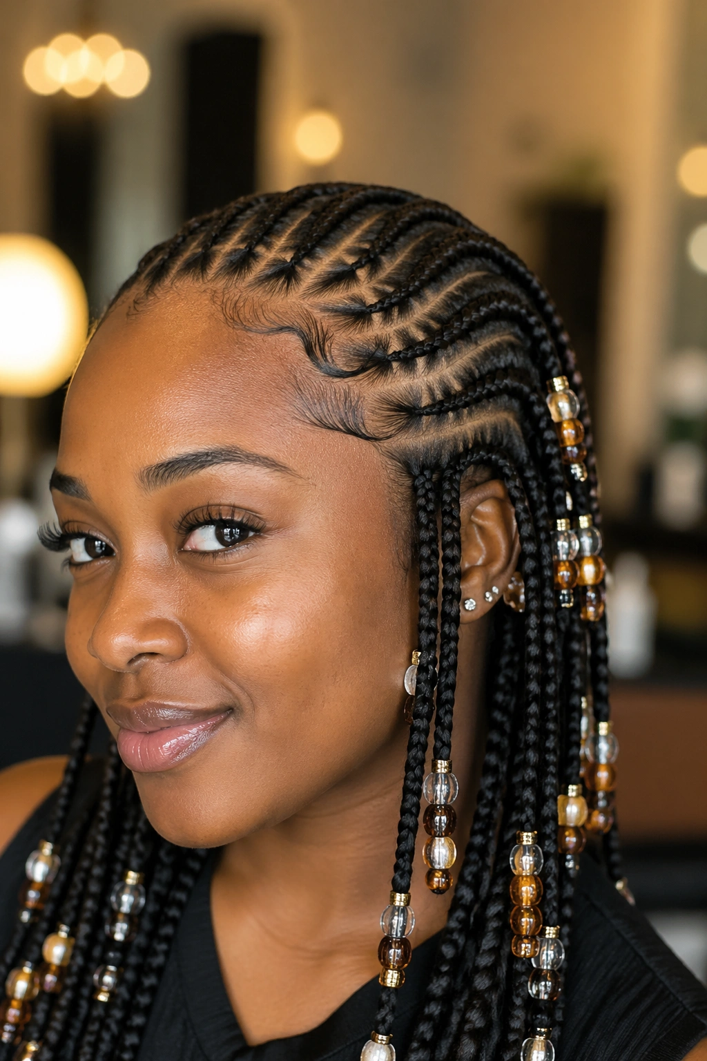 Close-up of beads on feed-in cornrows on a real person, beads along the length catching warm salon light