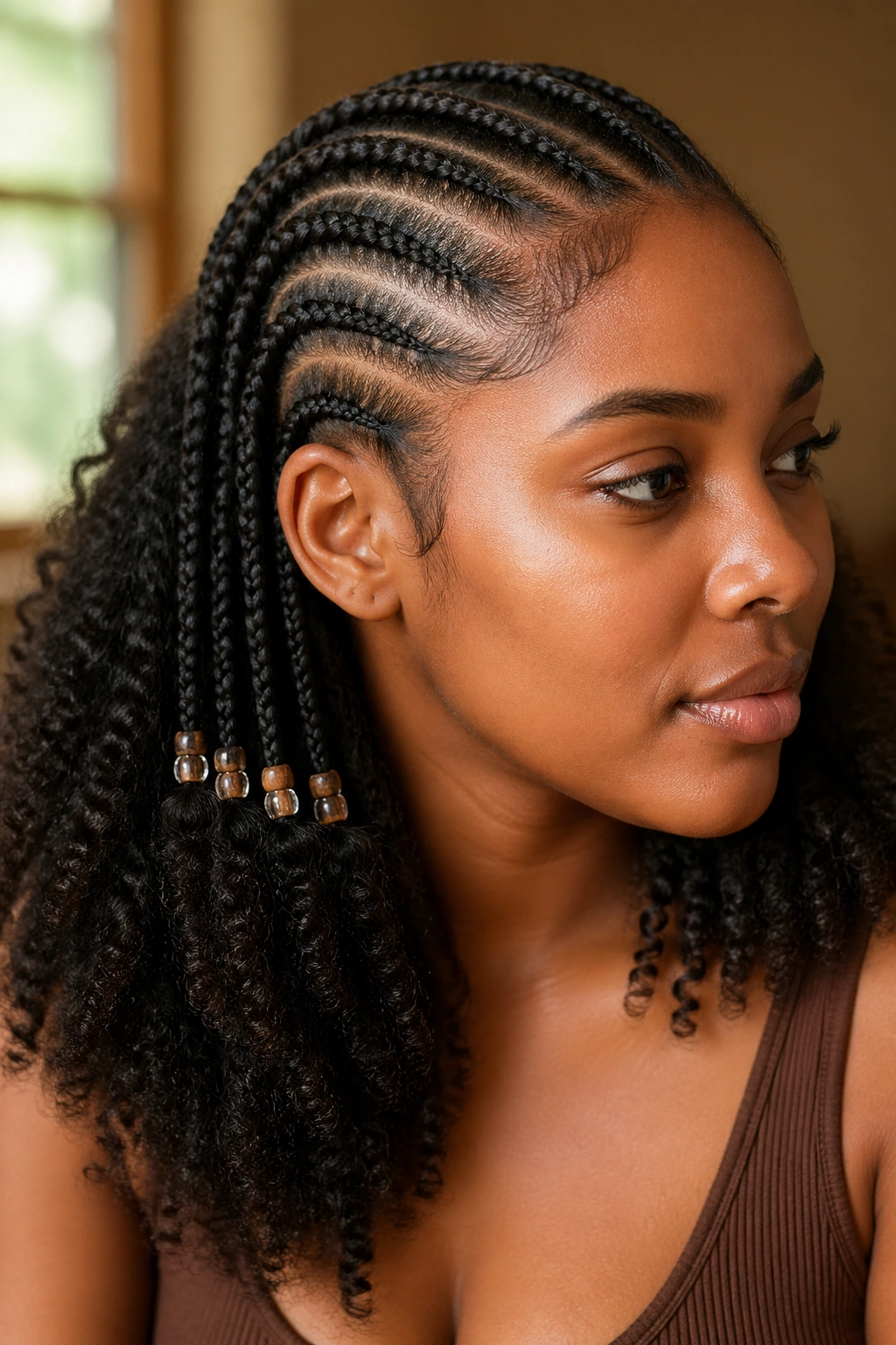 Close-up of a real woman's head showing half cornrows with beaded ends at the transition to loose hair