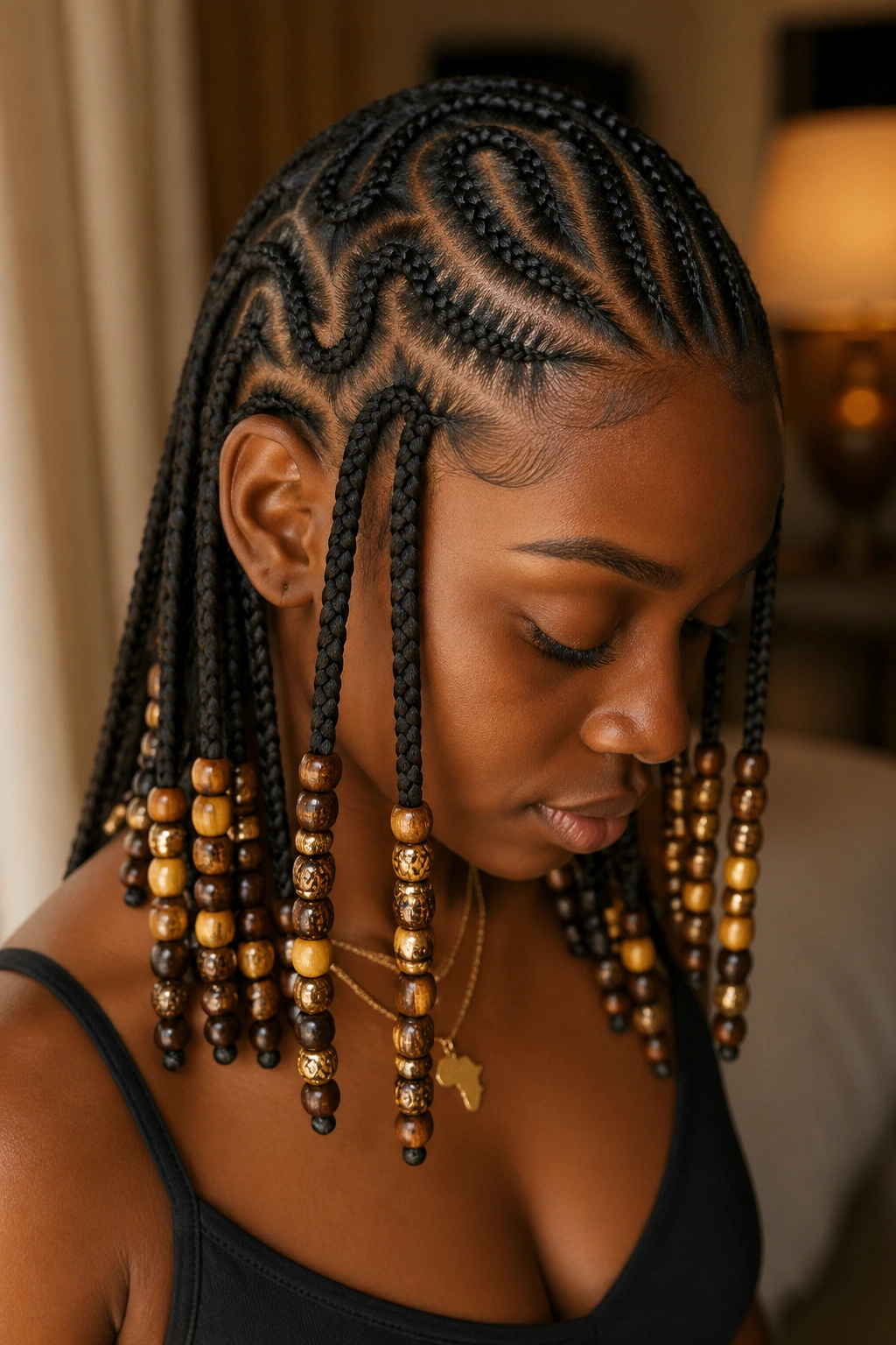 Portrait of a person with cornrows and beads reflecting bead history