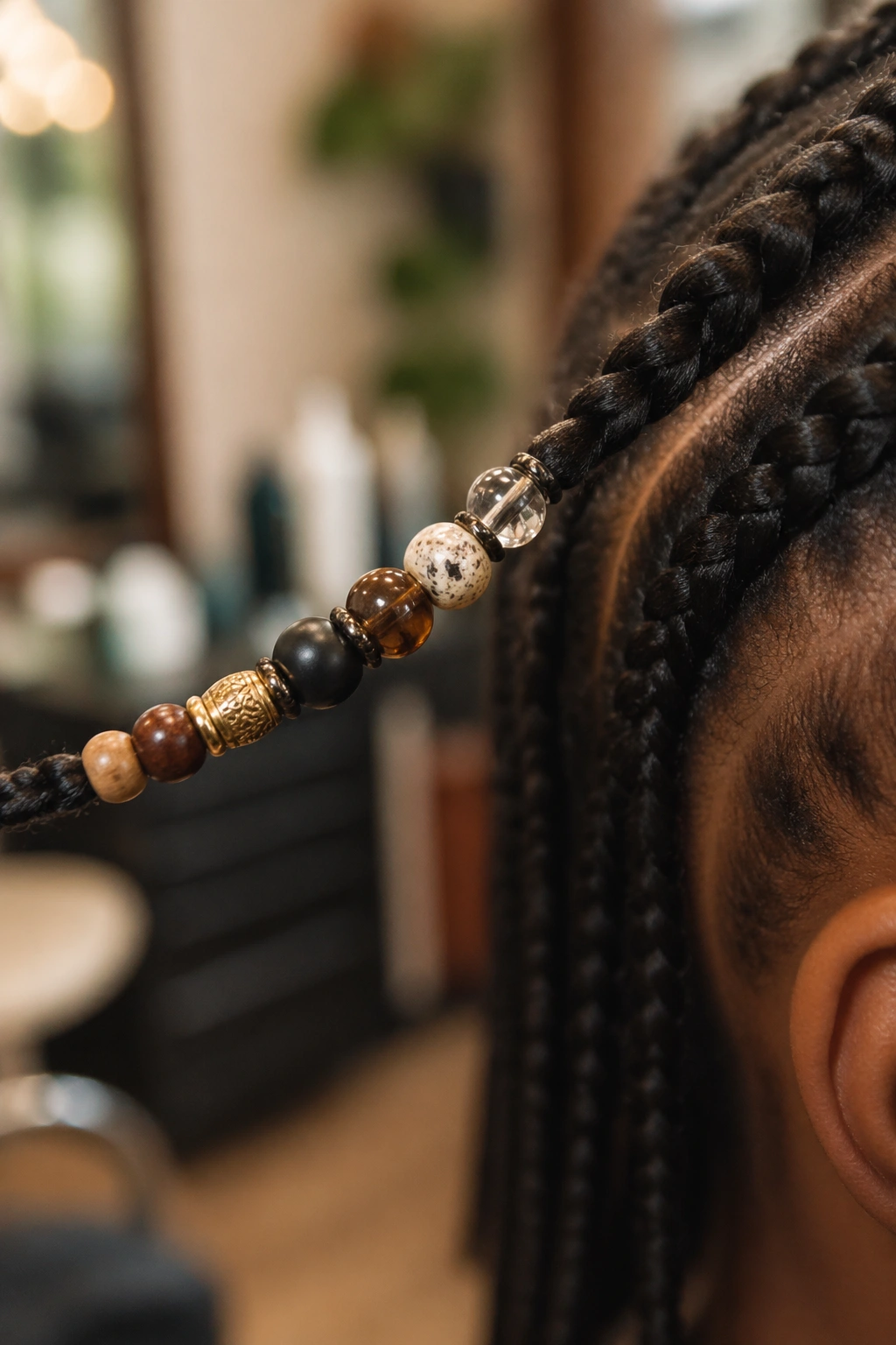 Close-up of varied beads on a cornrow in a salon setting.