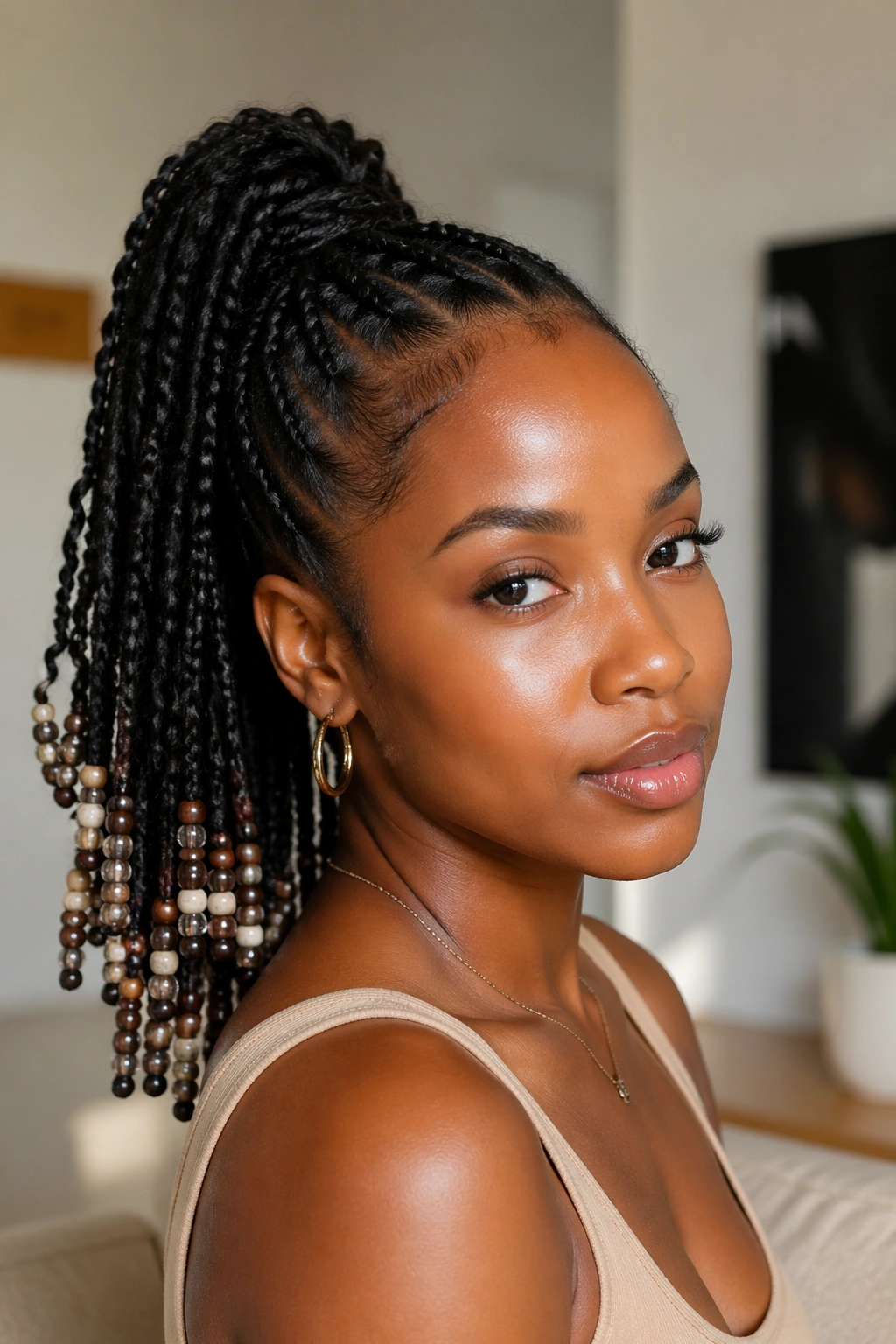 Close-up of a real woman with a high ponytail adorned with beads at the ends