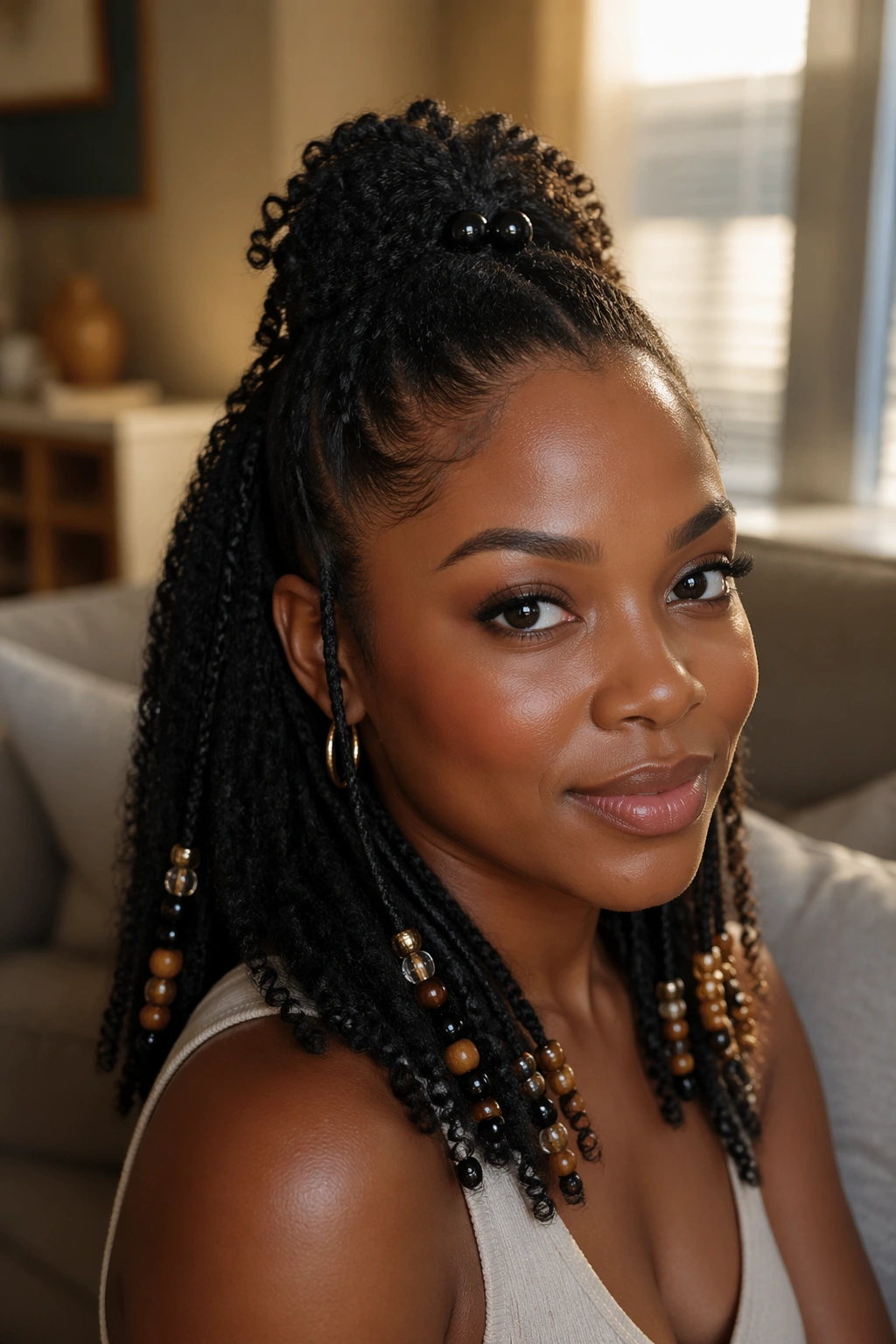 Close-up of a real Black woman's half-up half-down ponytail with beaded ends