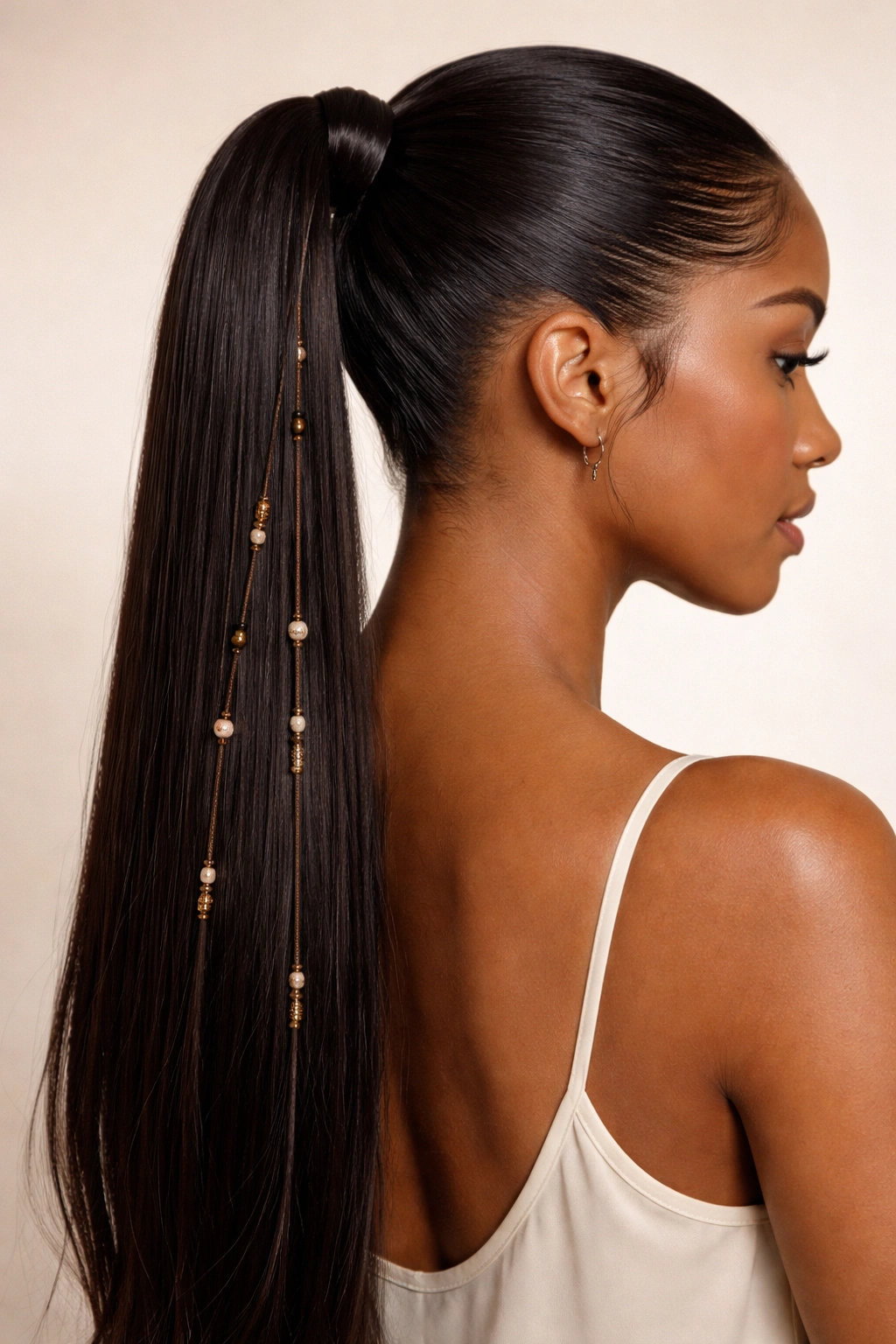 Close-up of a sleek ponytail with beaded accents on selected strands for texture and boho style
