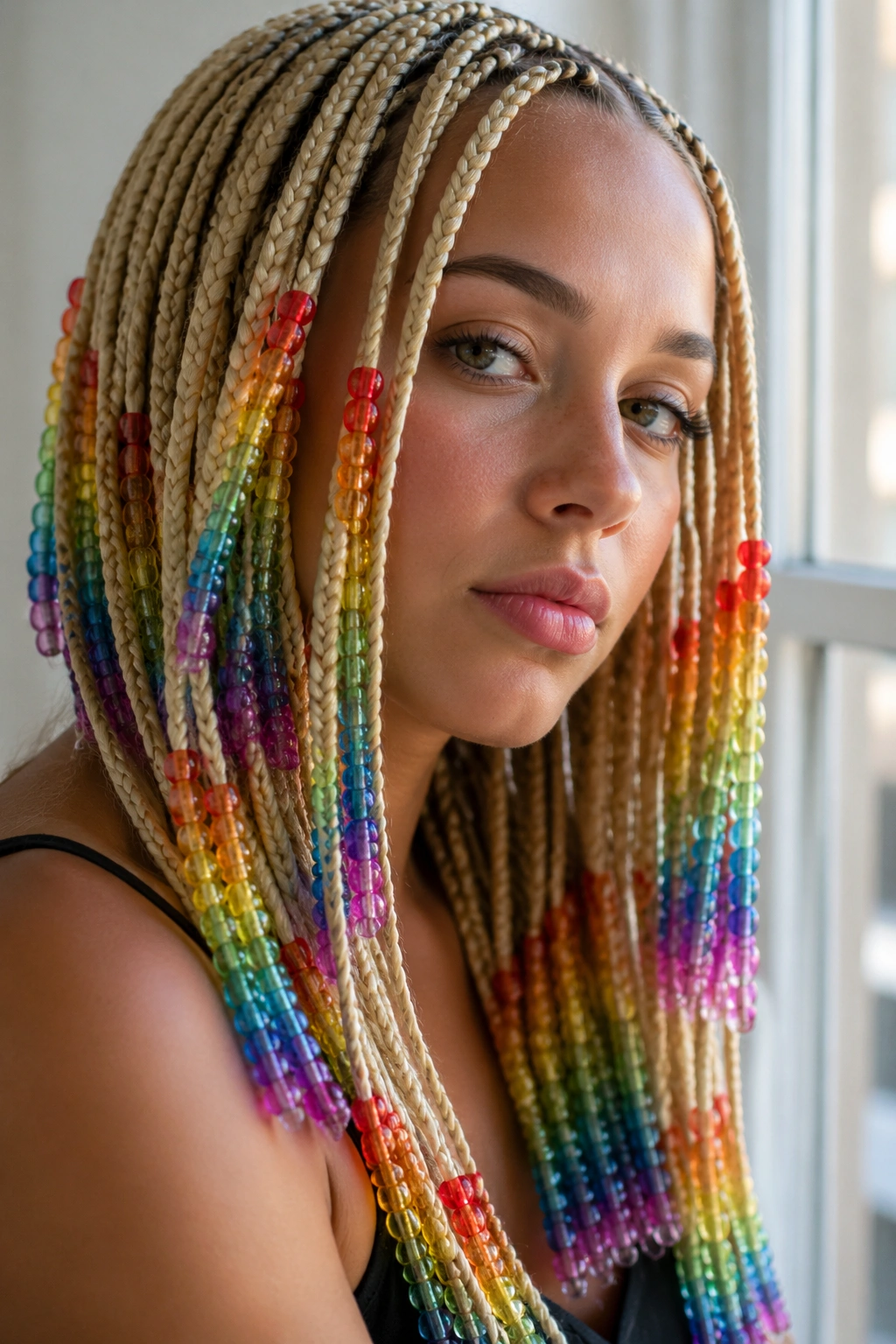 Close-up of blonde box braids with rainbow beads in order on a real person
